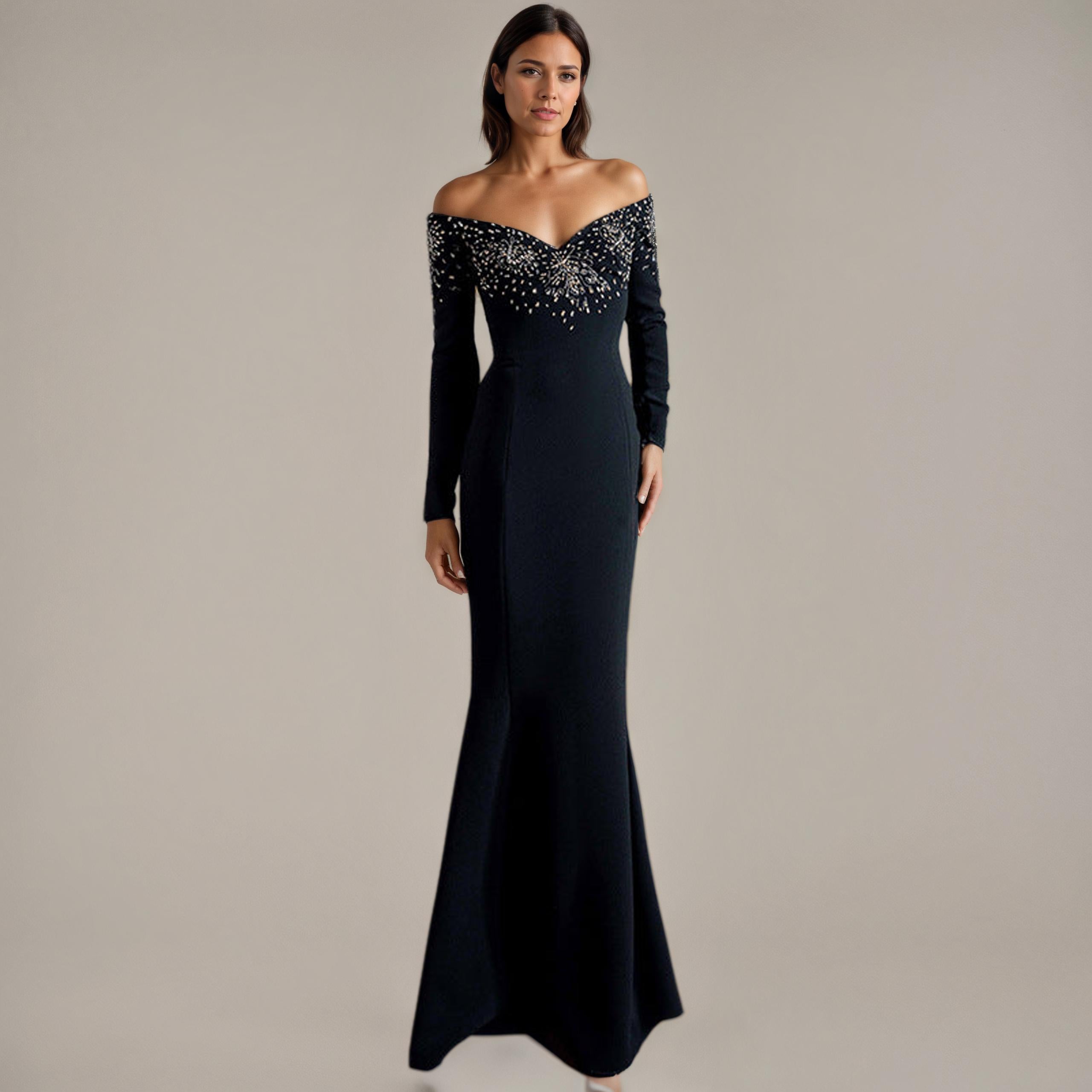 Beaded Off-Shoulder Black Fishtail Gown
