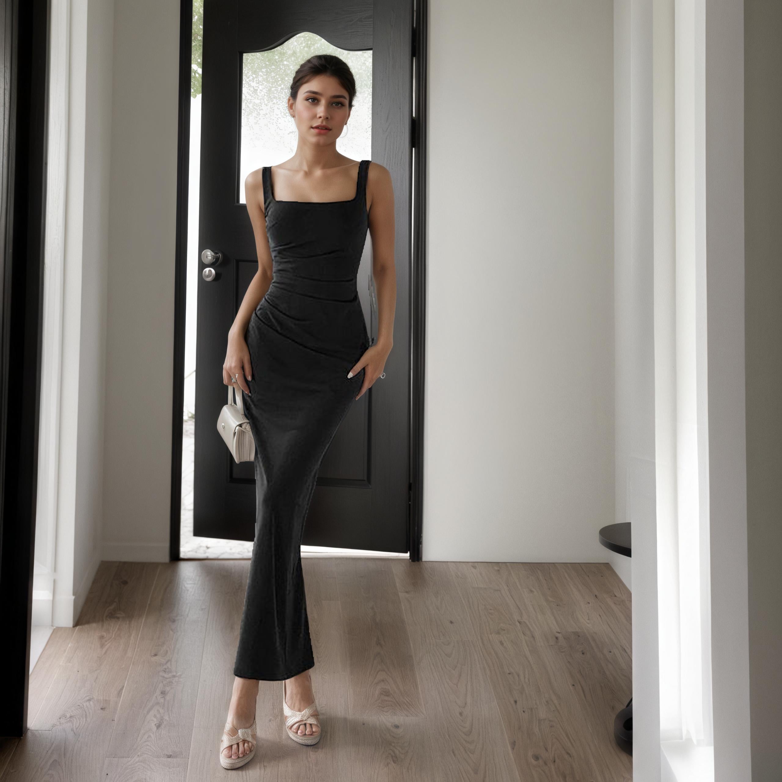 Clémentine Square-Neck Ruched Strappy Column Maxi Dress