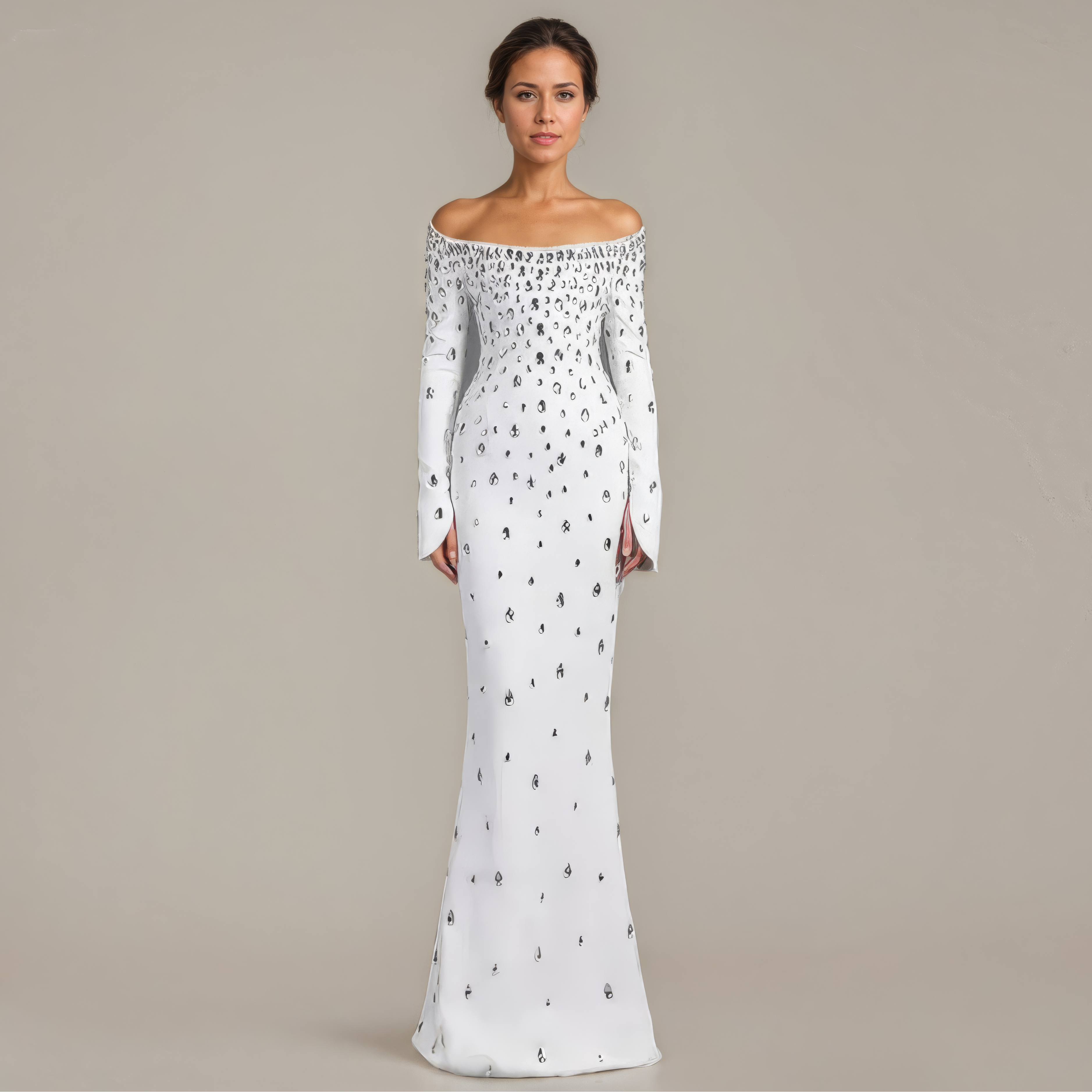 Woman wearing a white off-shoulder dress with black floral patterns on a beige background