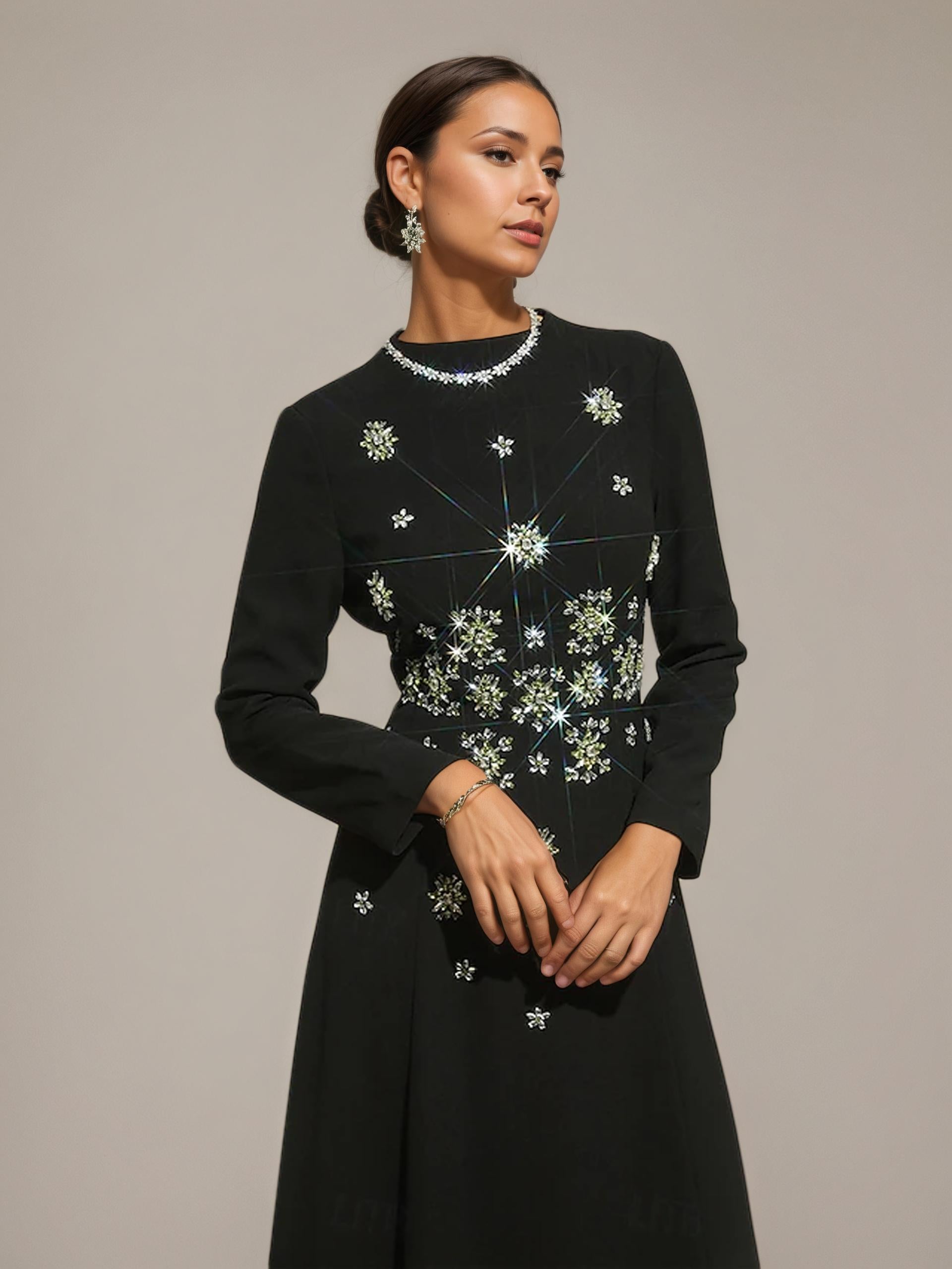Black Crystal Starburst Long-Sleeve Evening Gown
