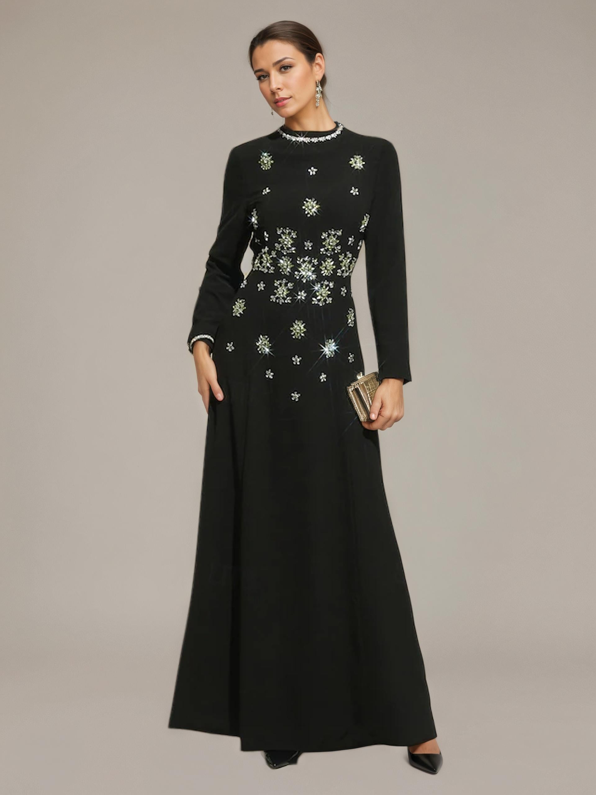 Black Crystal Starburst Long-Sleeve Evening Gown