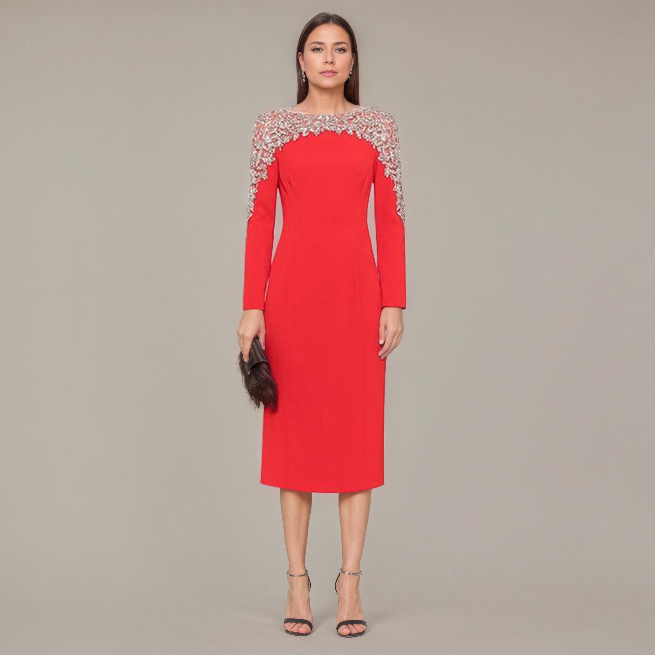 Beaded Illusion Shoulder Long Sleeve Dress