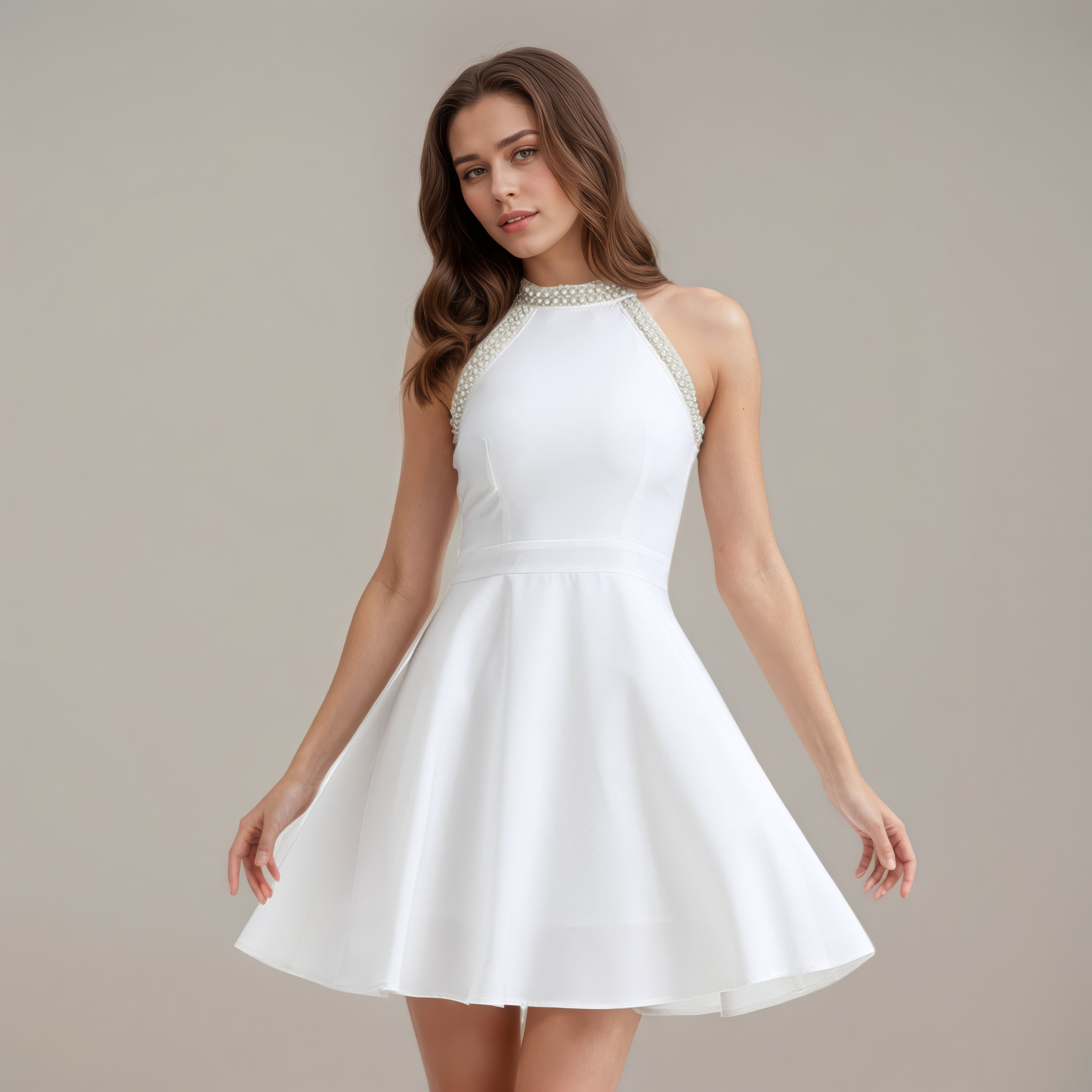 High-Waist Jewel Neck Elegant Mini Dress