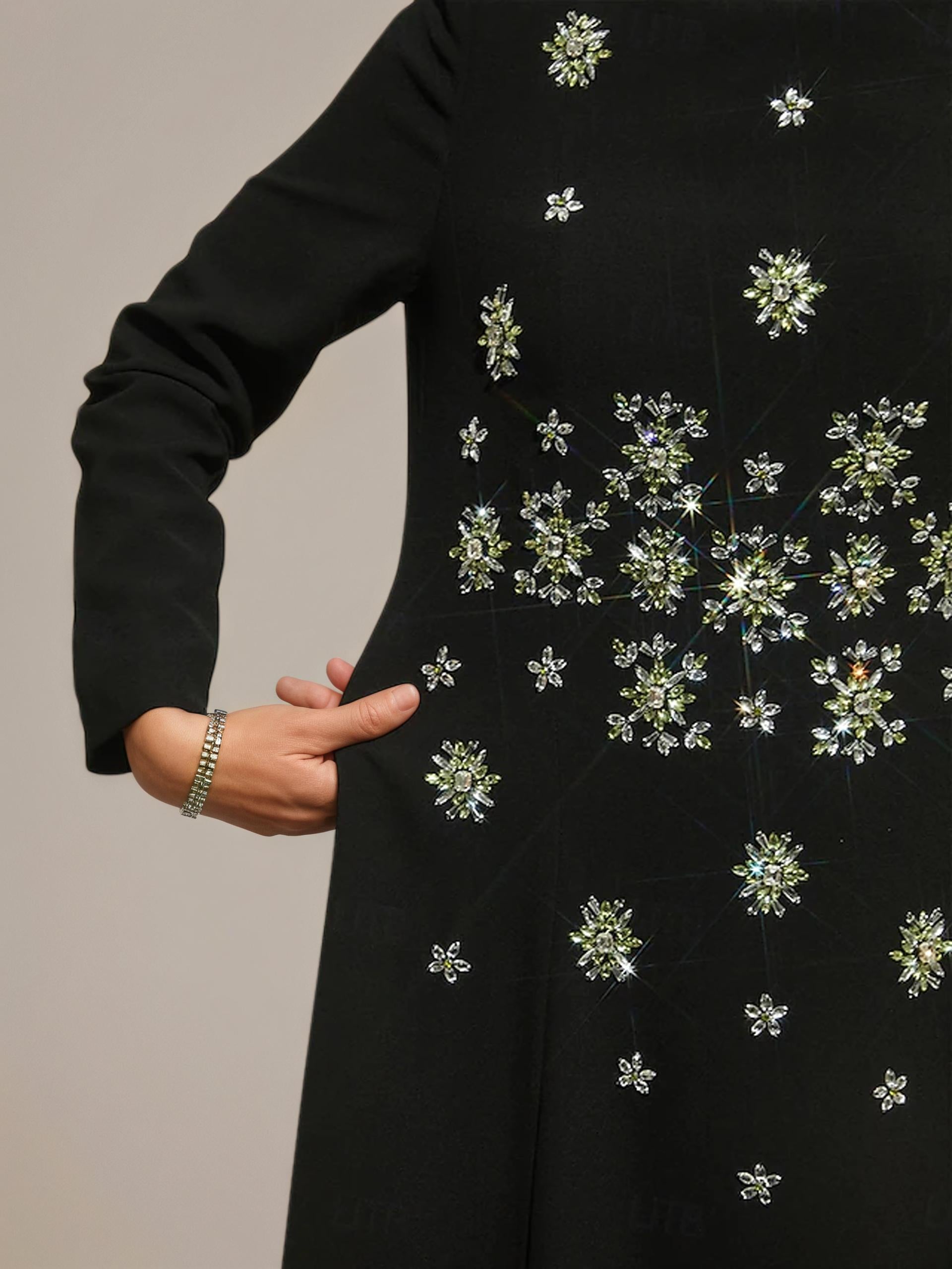 Black Crystal Starburst Long-Sleeve Evening Gown