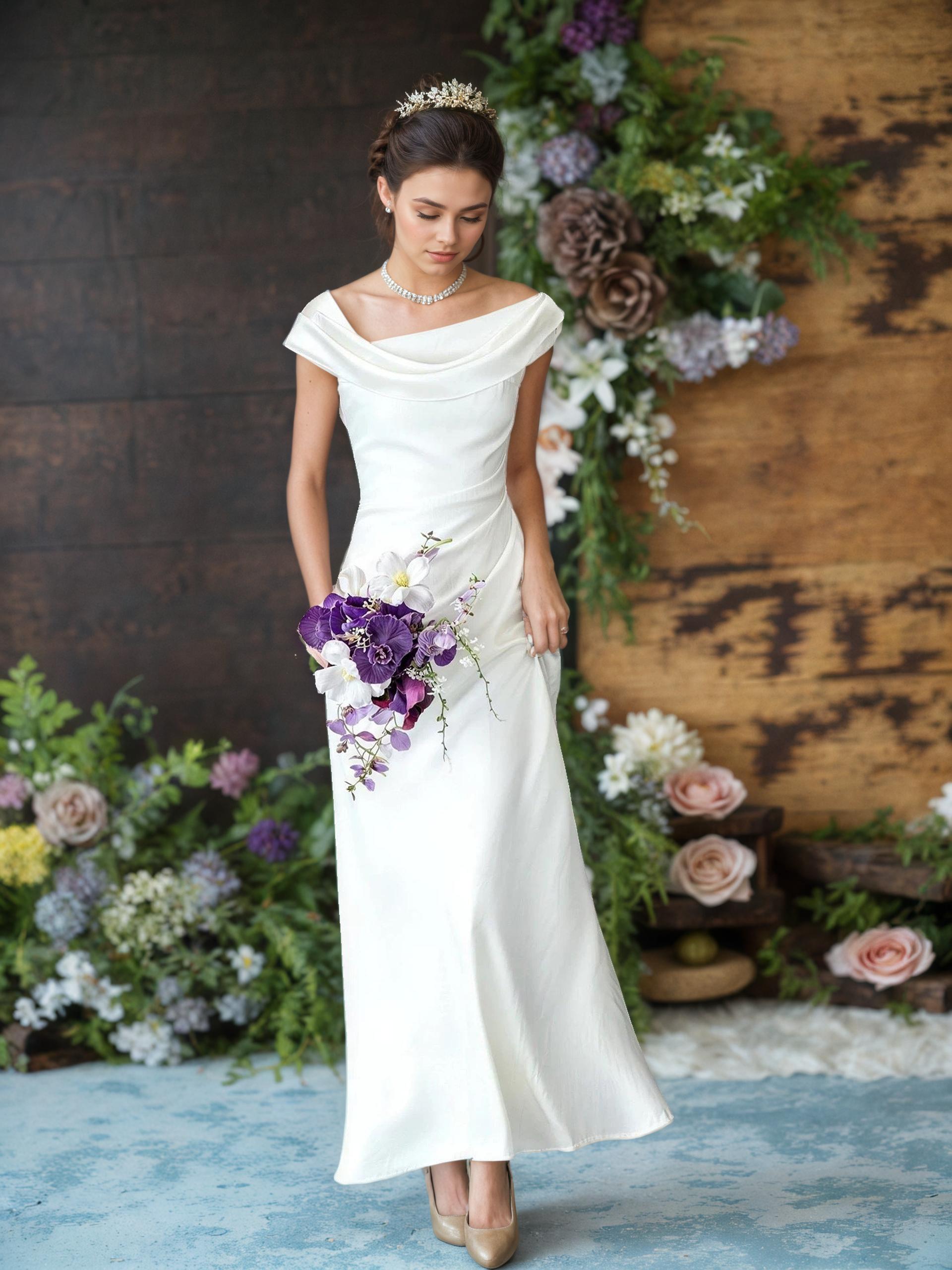 Laurence Draped Off-Shoulder Satin Fishtail Evening Gown