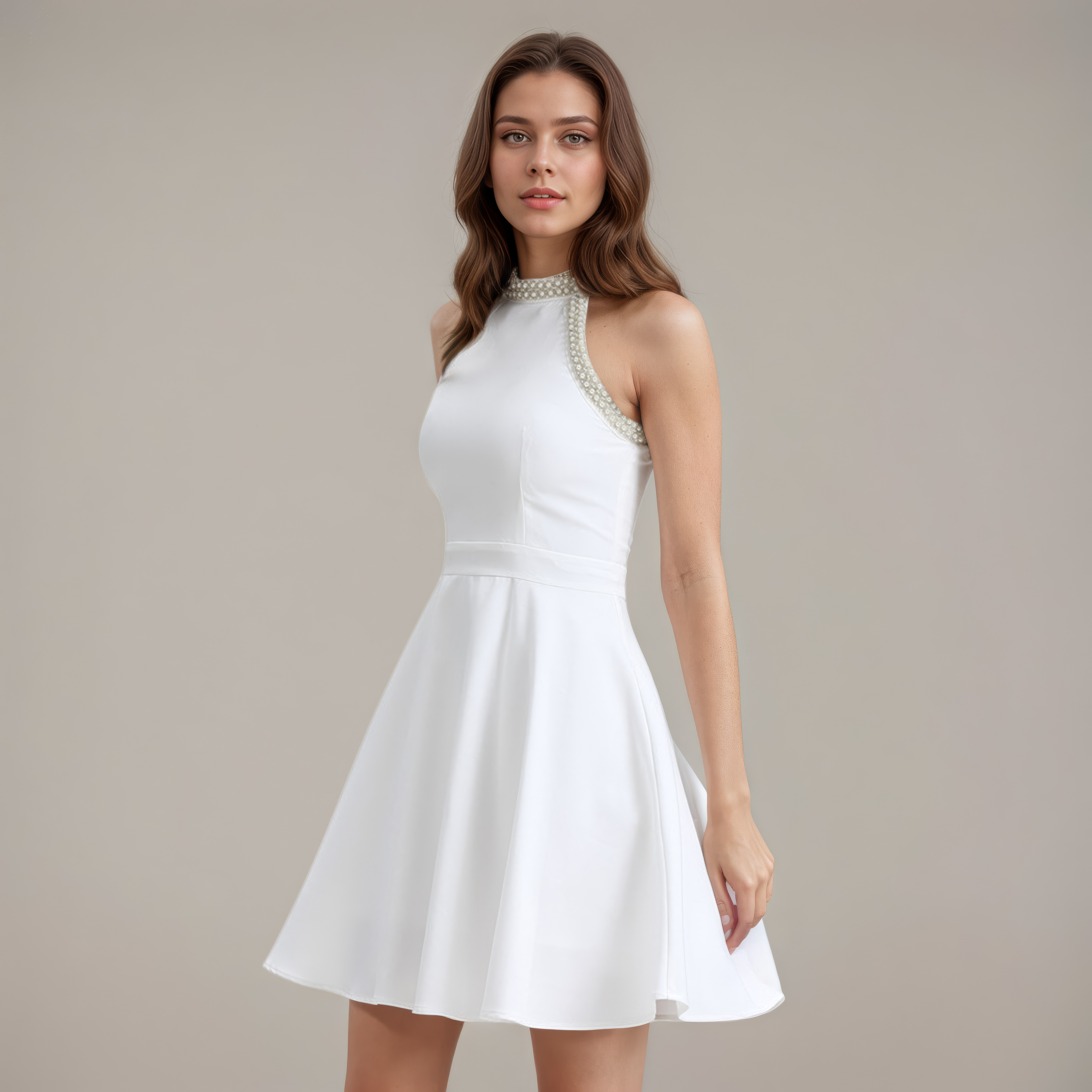 High-Waist Jewel Neck Elegant Mini Dress