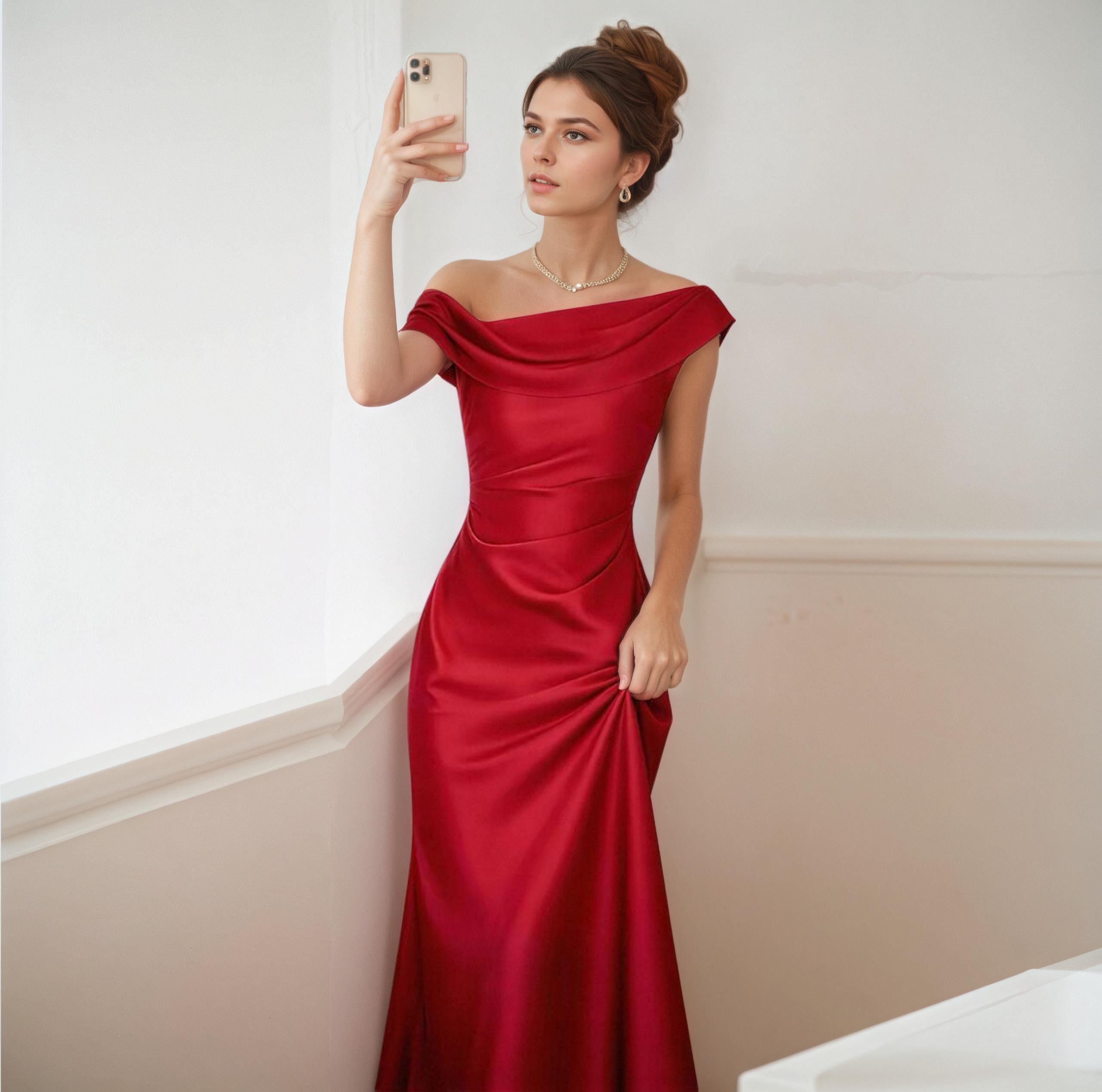 Laurence Draped Off-Shoulder Satin Fishtail Evening Gown
