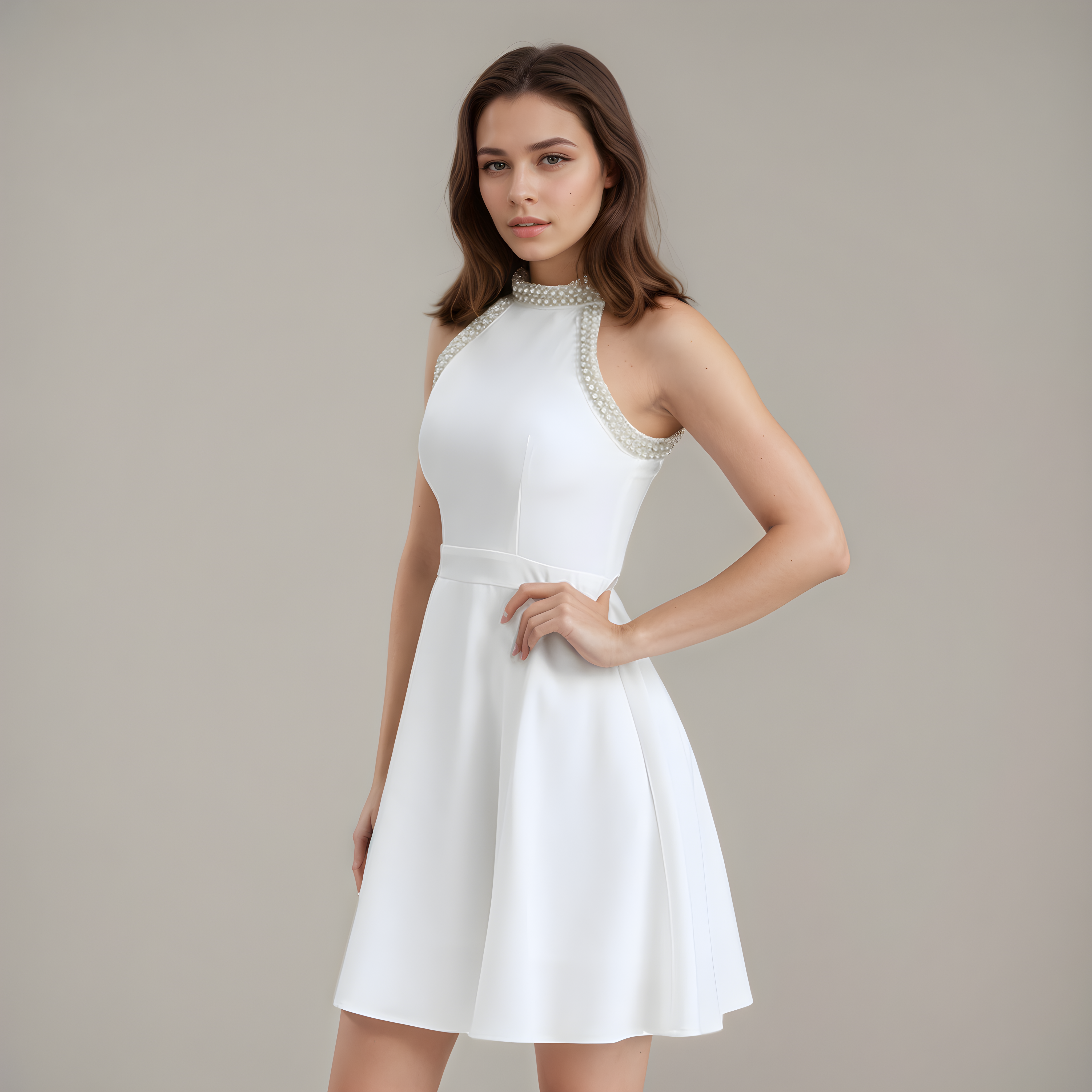 High-Waist Jewel Neck Elegant Mini Dress