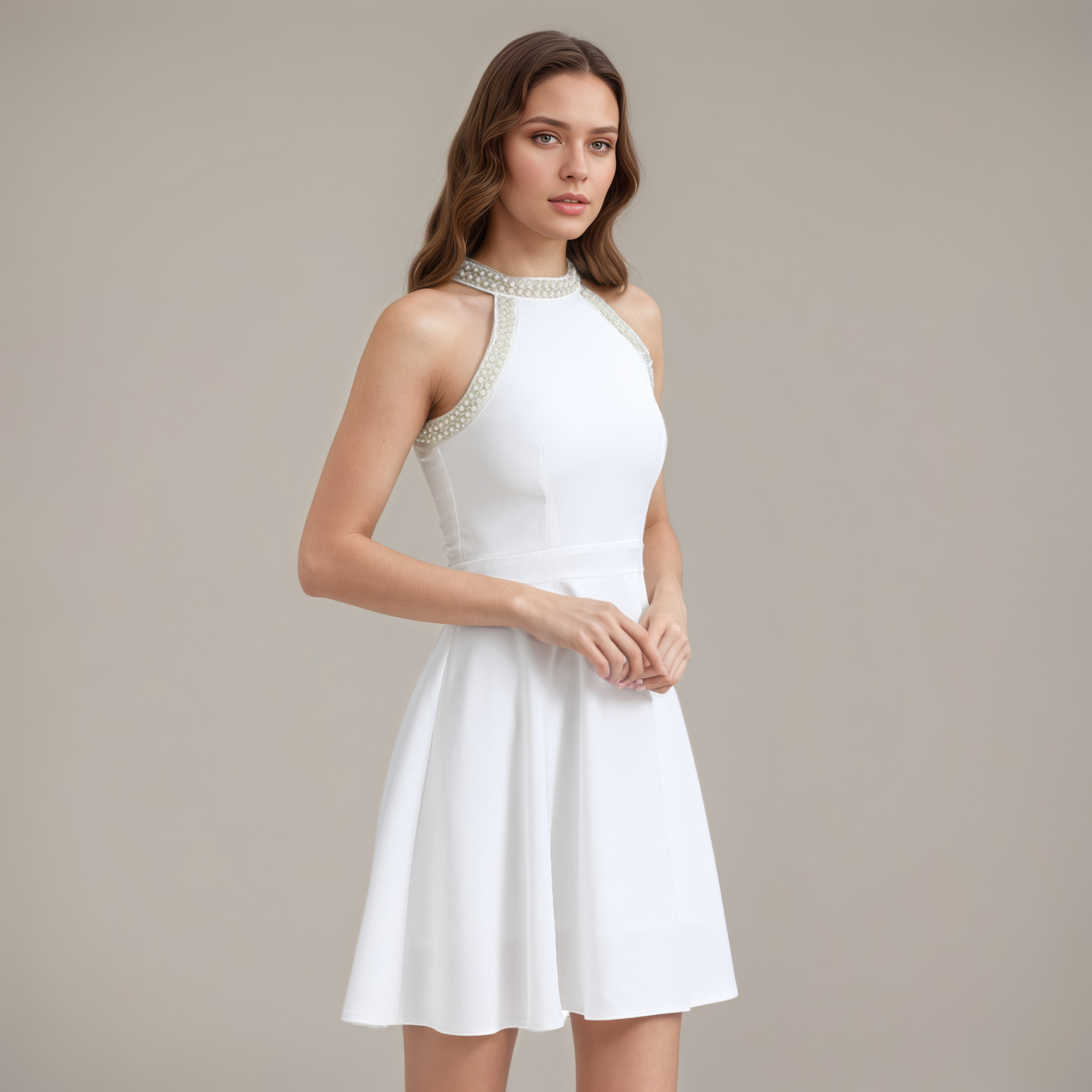 High-Waist Jewel Neck Elegant Mini Dress
