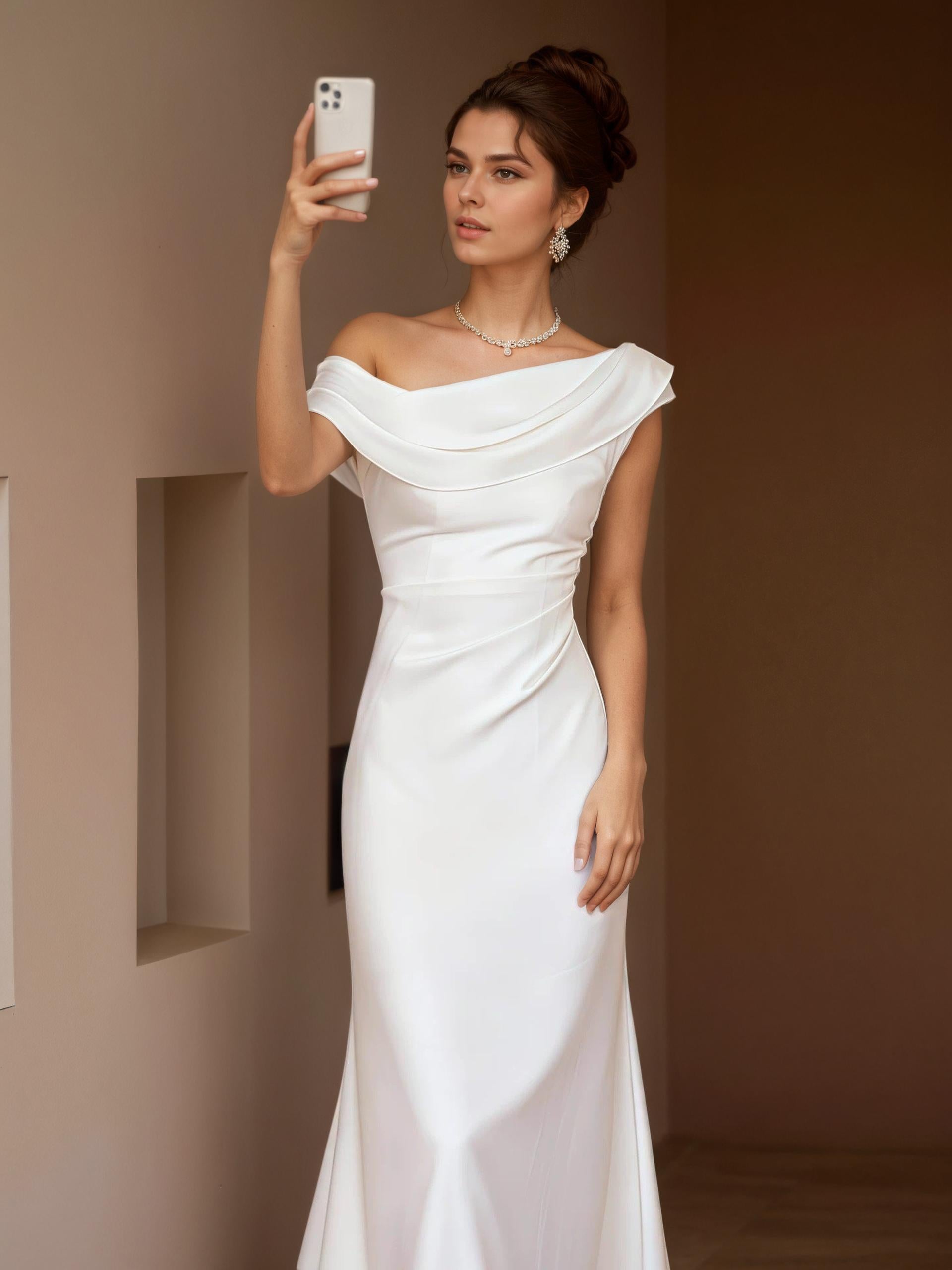 Laurence Draped Off-Shoulder Satin Fishtail Evening Gown
