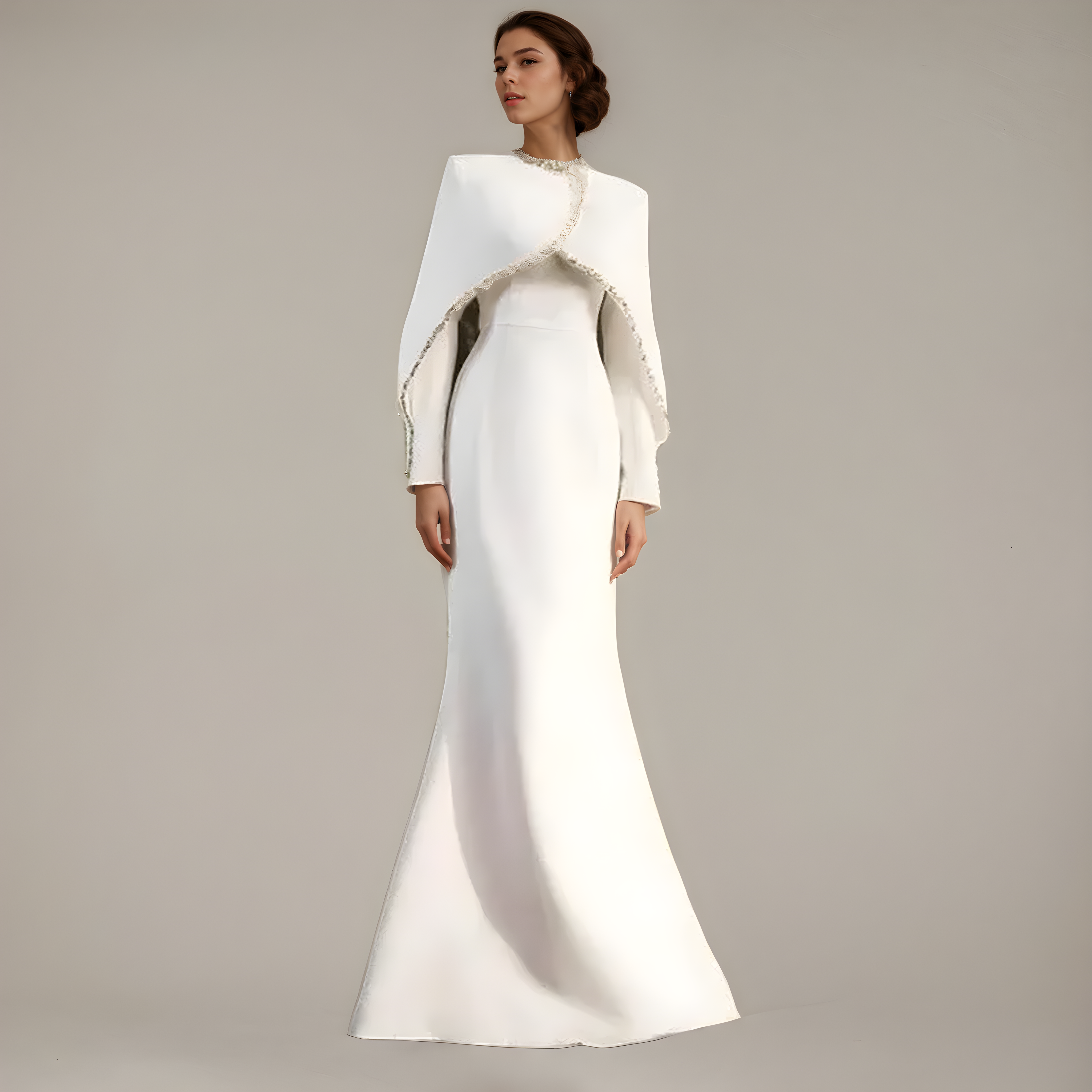 Ivory Cape-Overlay Evening Gown with Beaded Trim