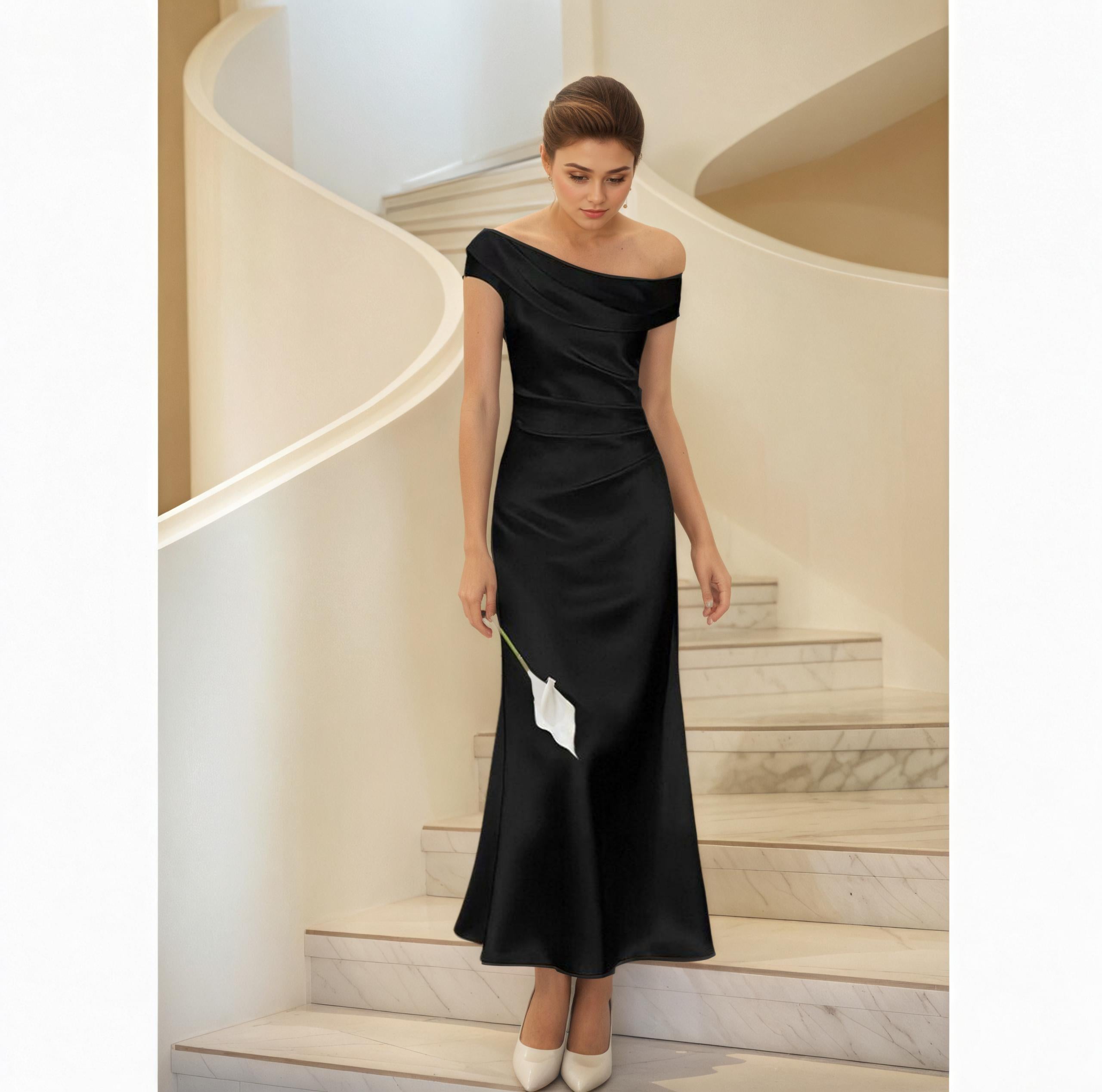 Laurence Draped Off-Shoulder Satin Fishtail Evening Gown