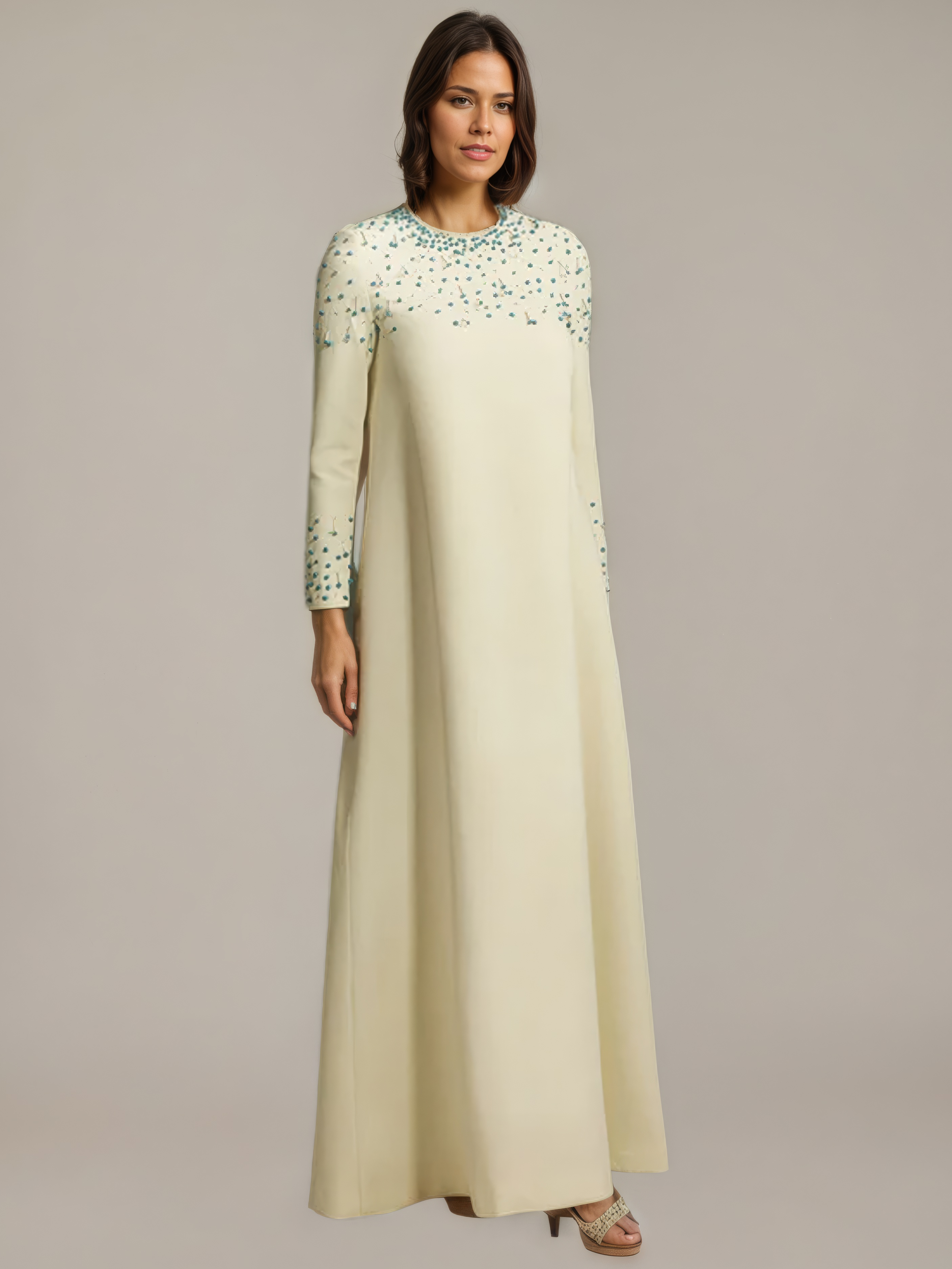 Long White Gown with Turquoise Beads