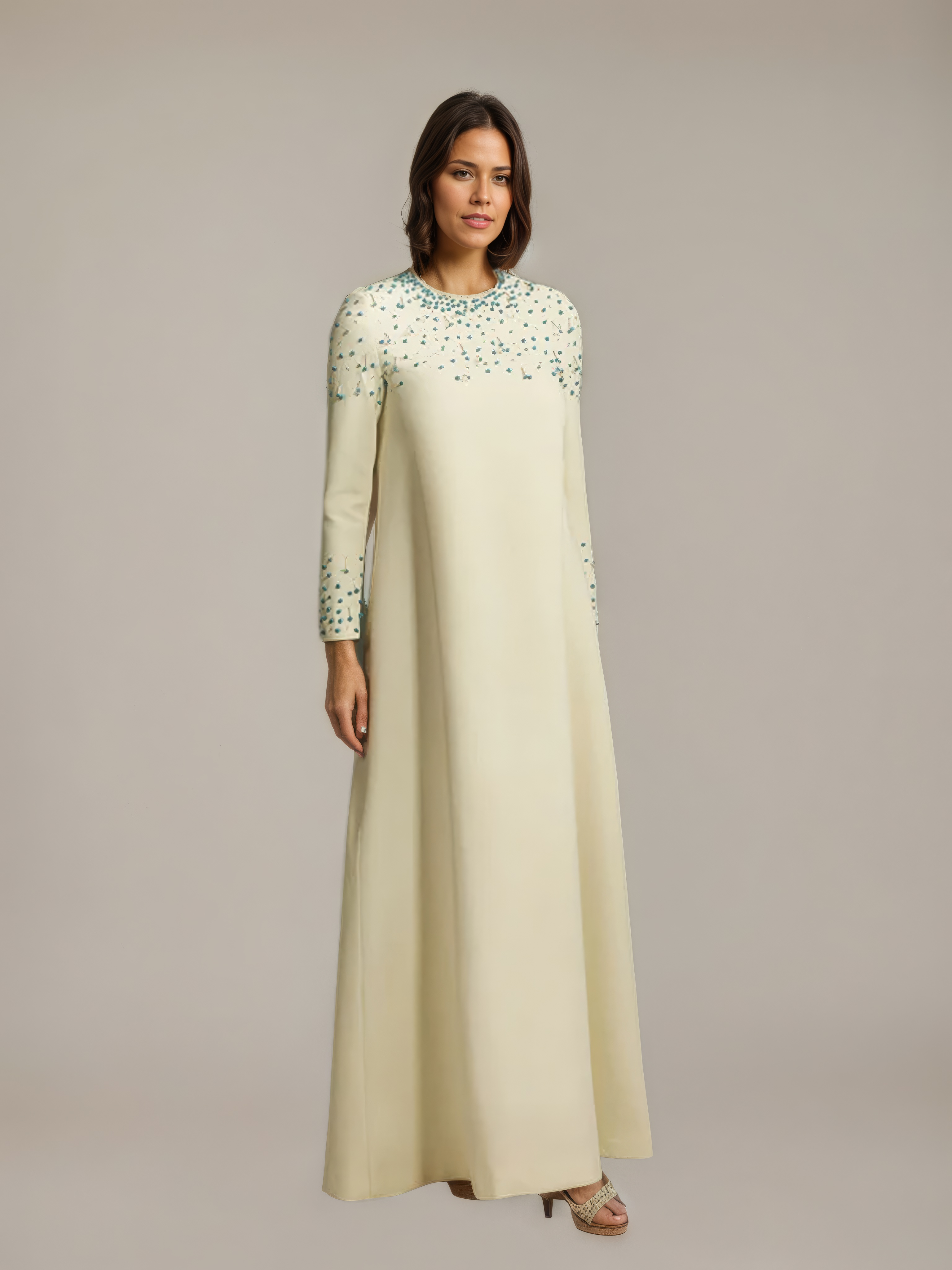 Long White Gown with Turquoise Beads