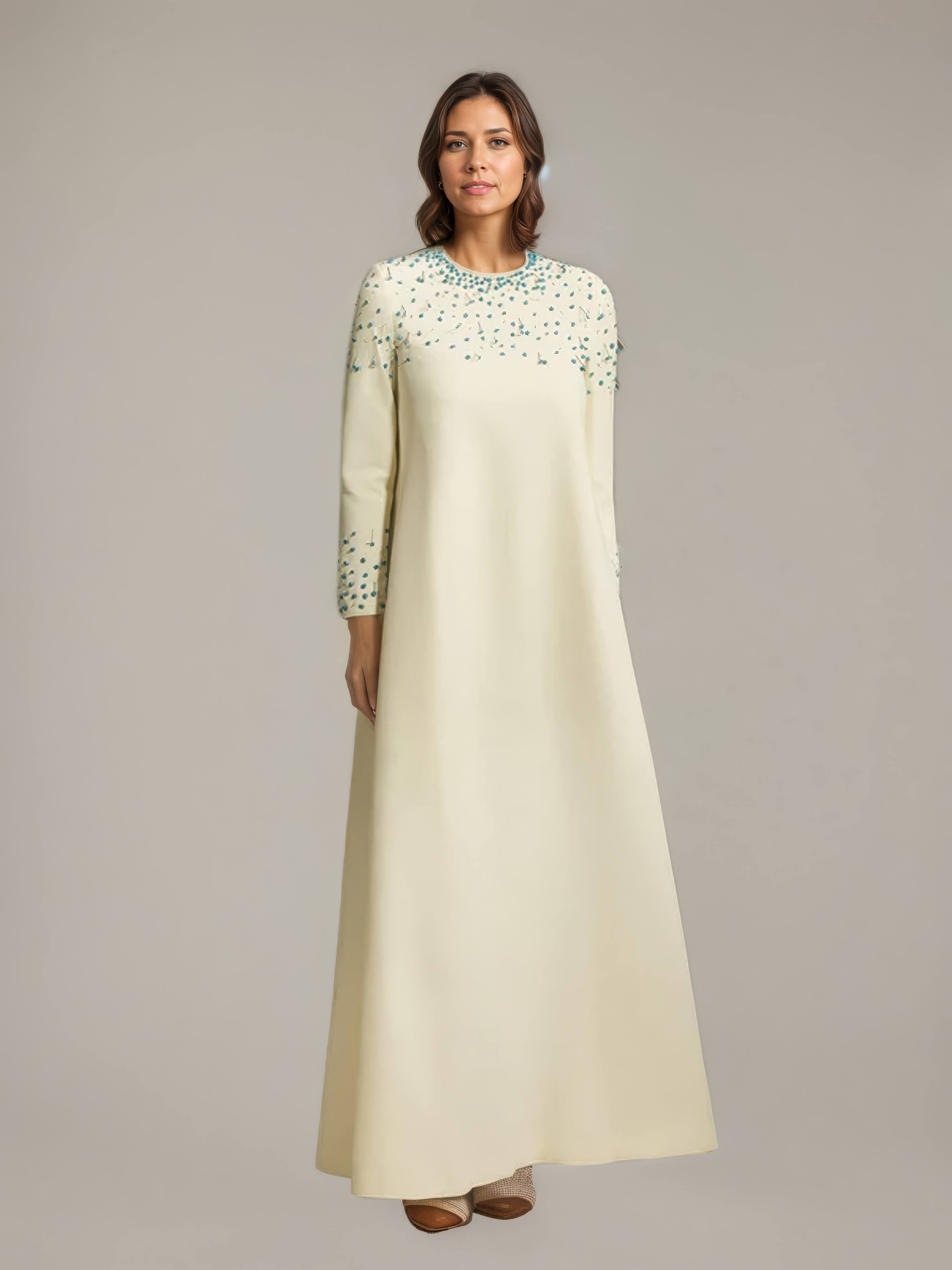 Long White Gown with Turquoise Beads