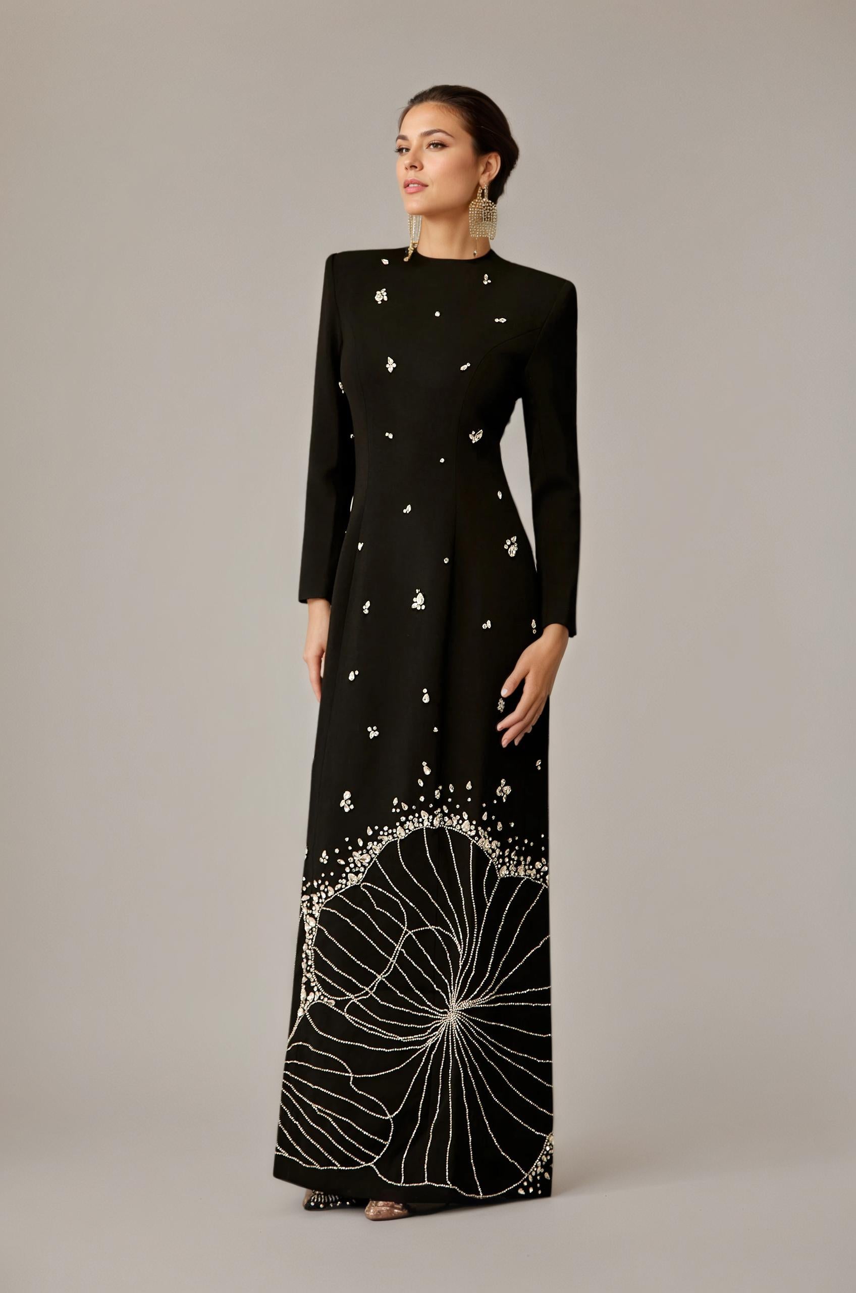 Black Beaded Long Sleeve Evening Gown