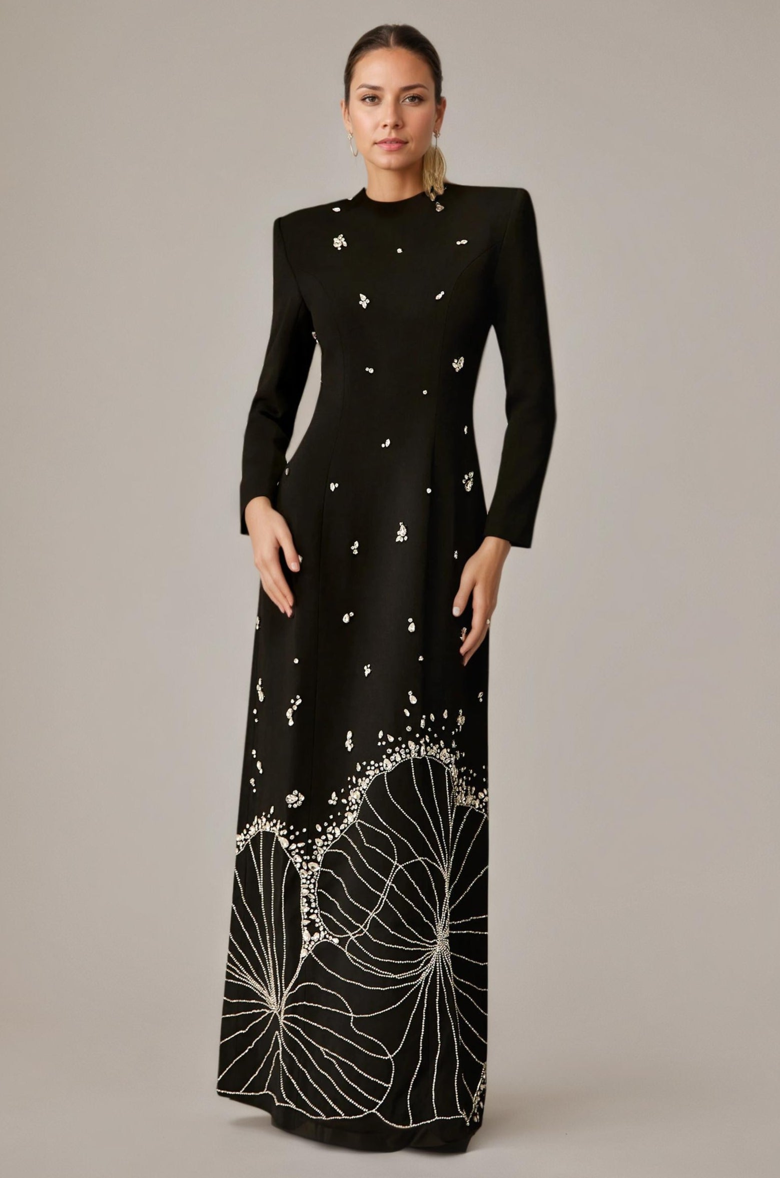 Black Beaded Long Sleeve Evening Gown
