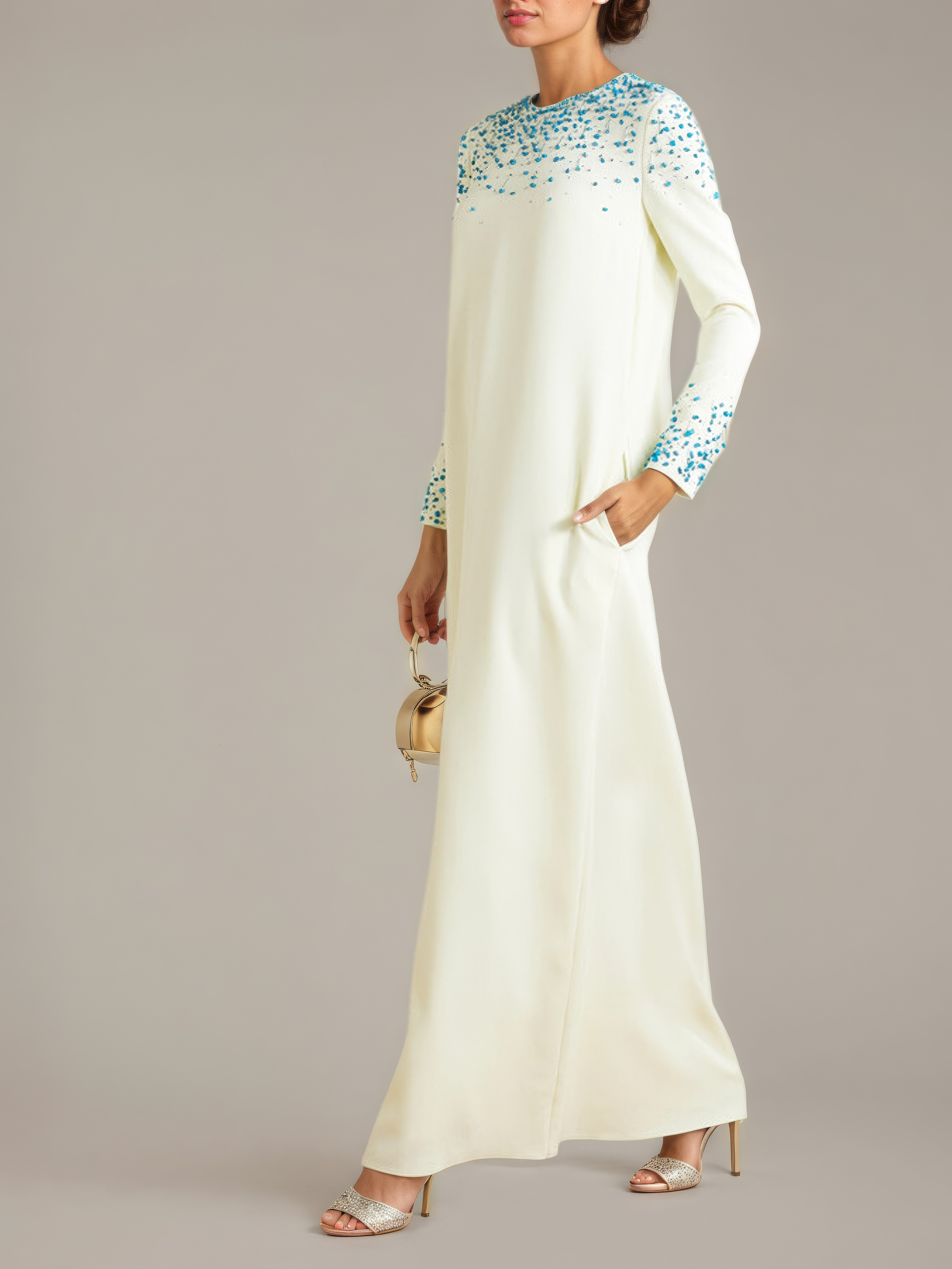 Long White Gown with Turquoise Beads