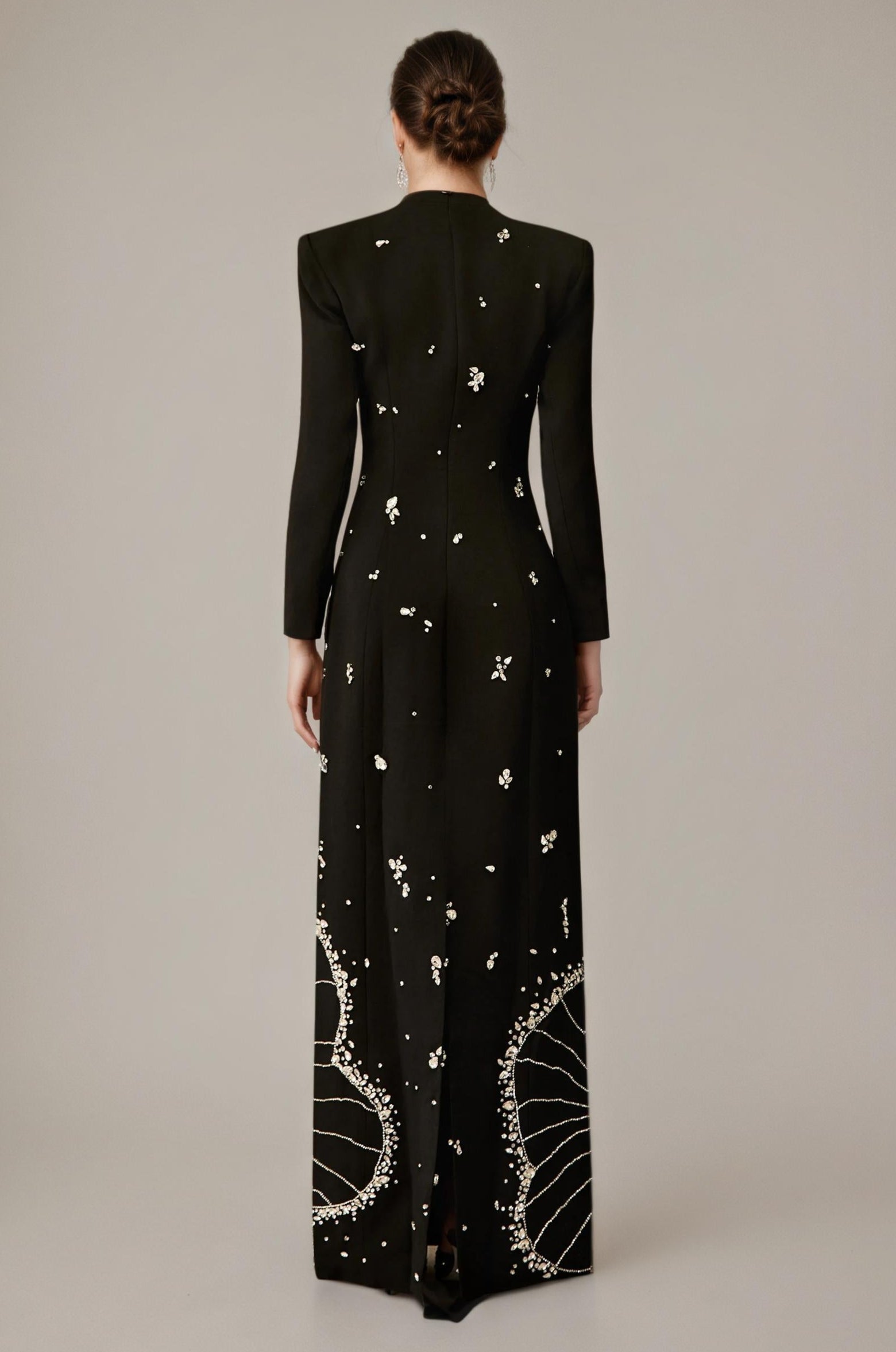 Black Beaded Long Sleeve Evening Gown