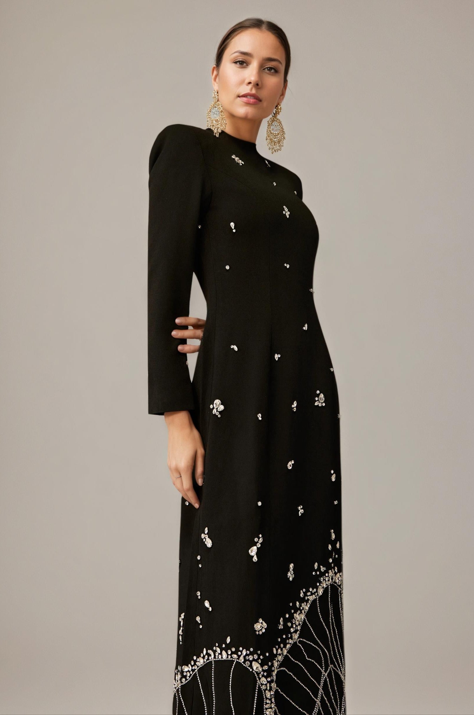 Black Beaded Long Sleeve Evening Gown