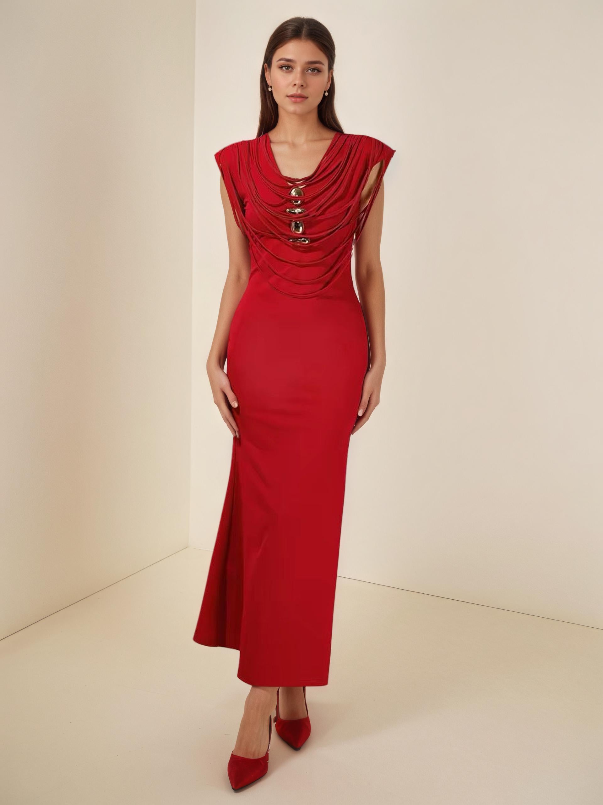 Lucile Draped Cord Collar Gold-Button Mermaid Gown