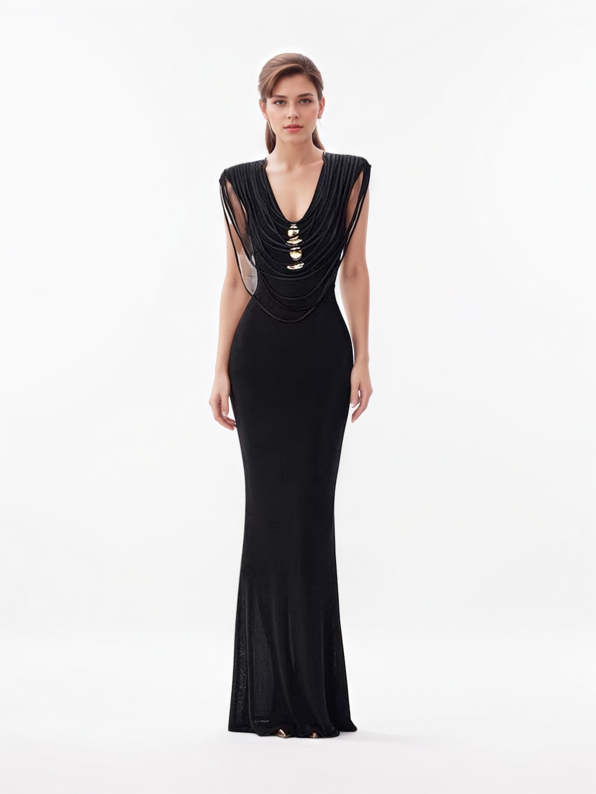 Lucile Draped Cord Collar Gold-Button Mermaid Gown