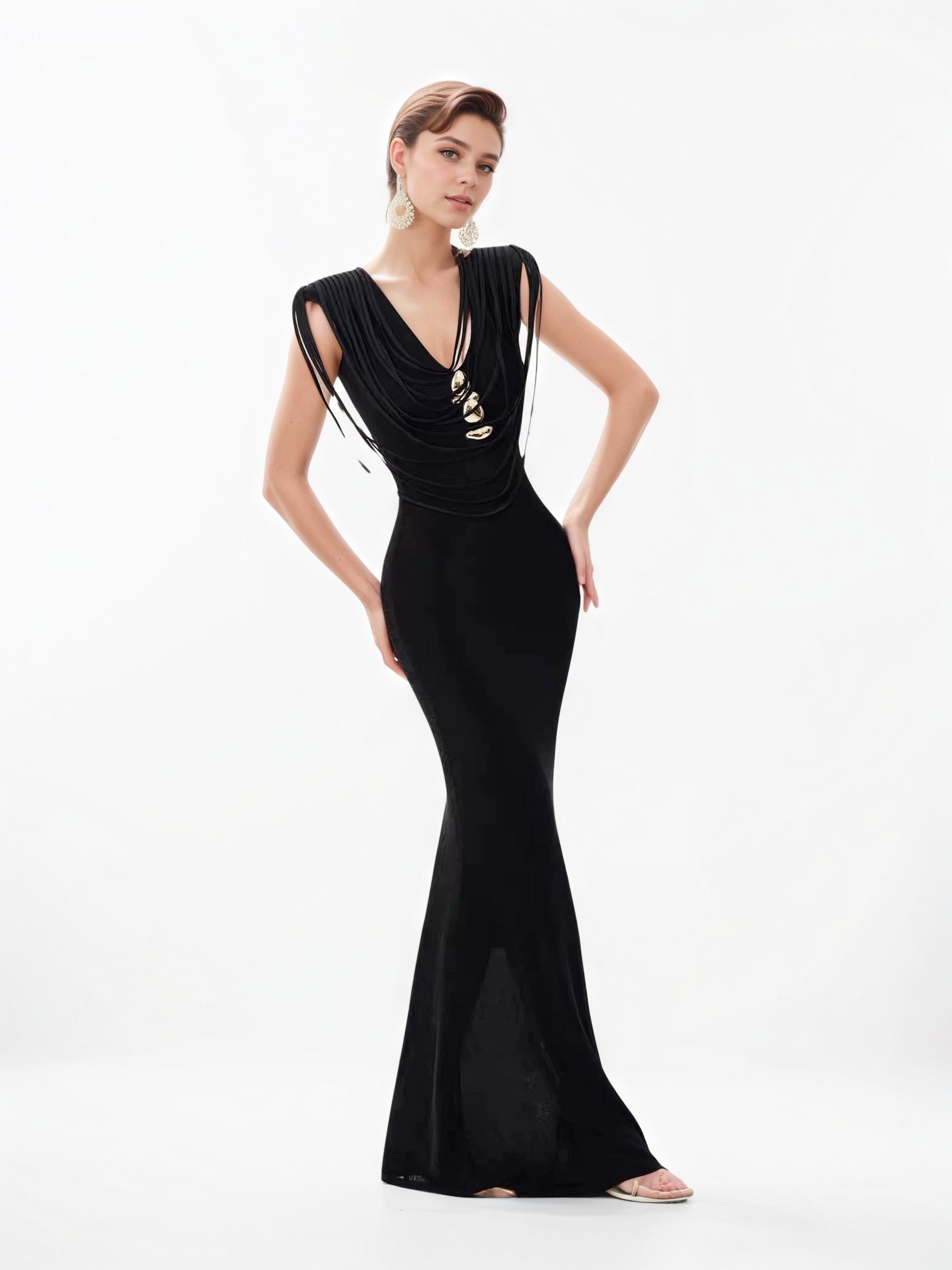 Lucile Draped Cord Collar Gold-Button Mermaid Gown