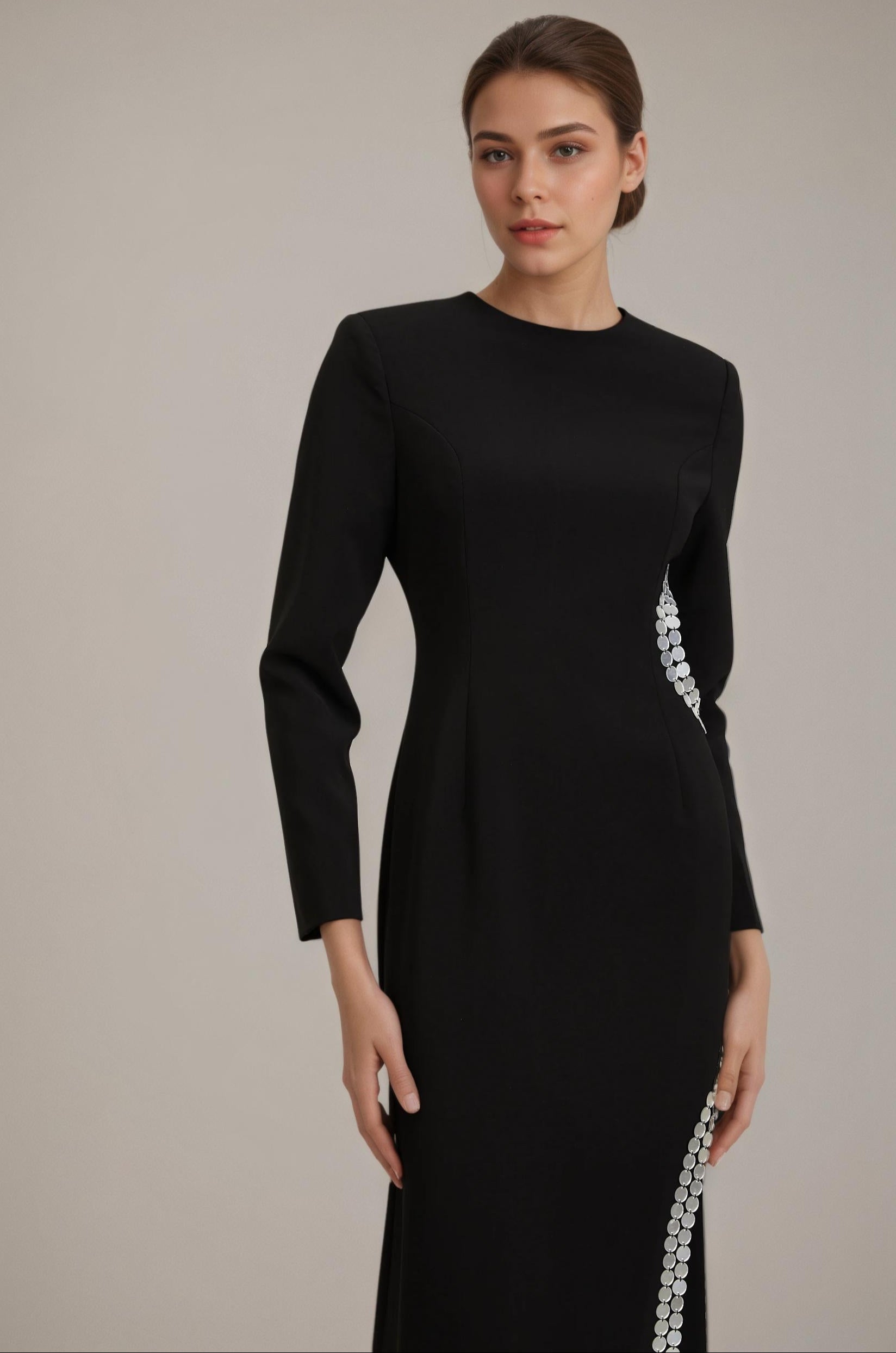 Black Cutout Gown with Sequin-Trim Slit