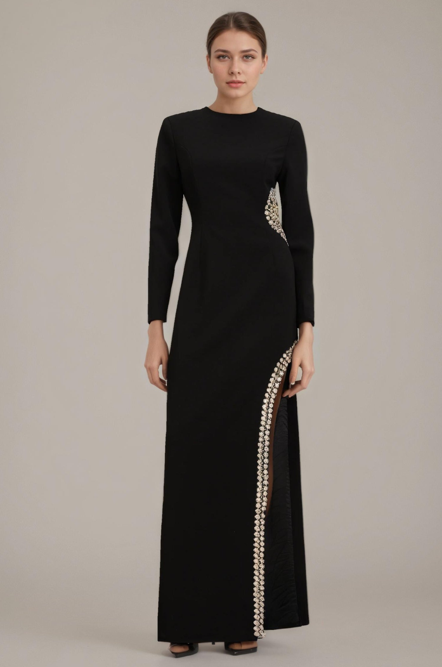 Black Cutout Gown with Sequin-Trim Slit