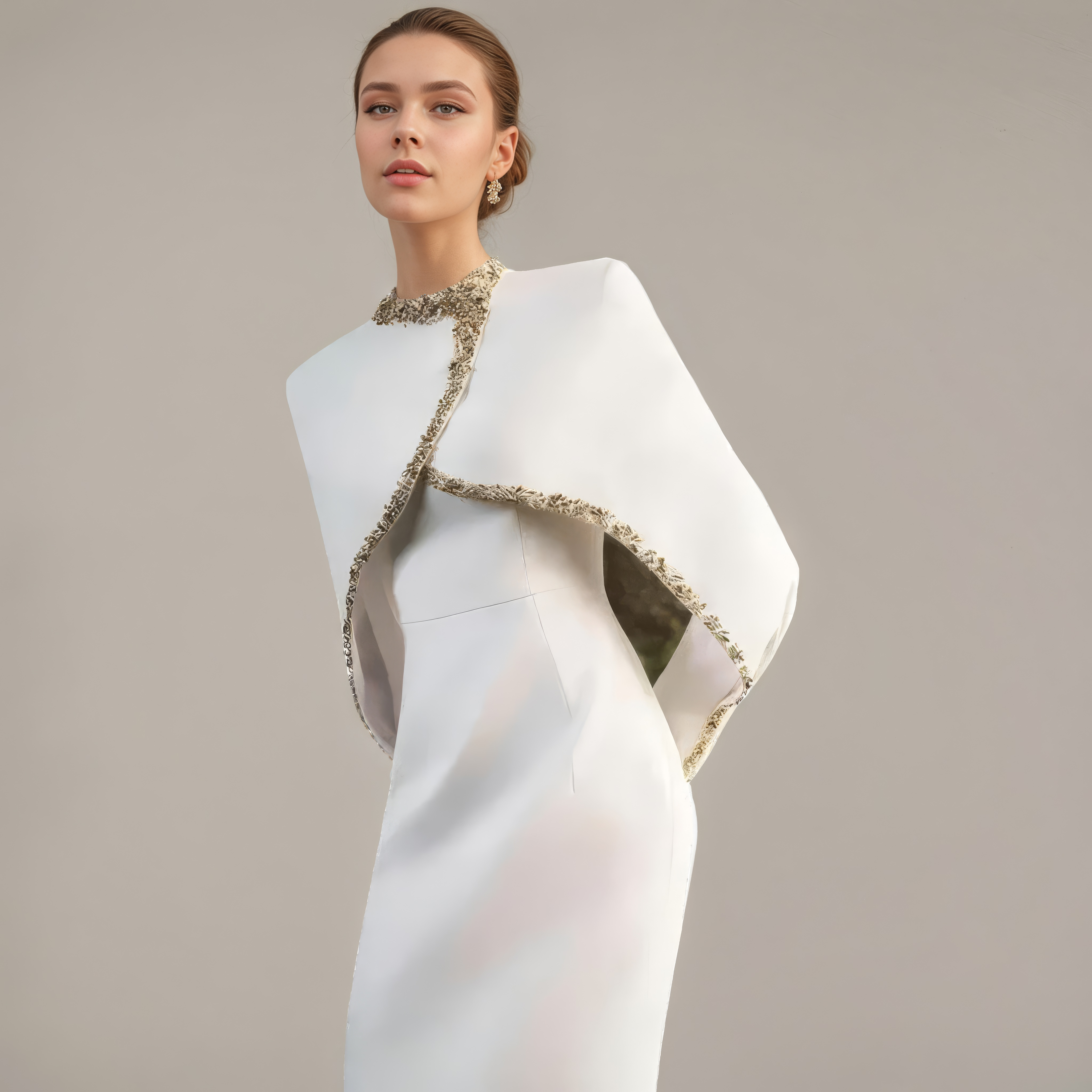 Ivory Cape-Overlay Evening Gown with Beaded Trim