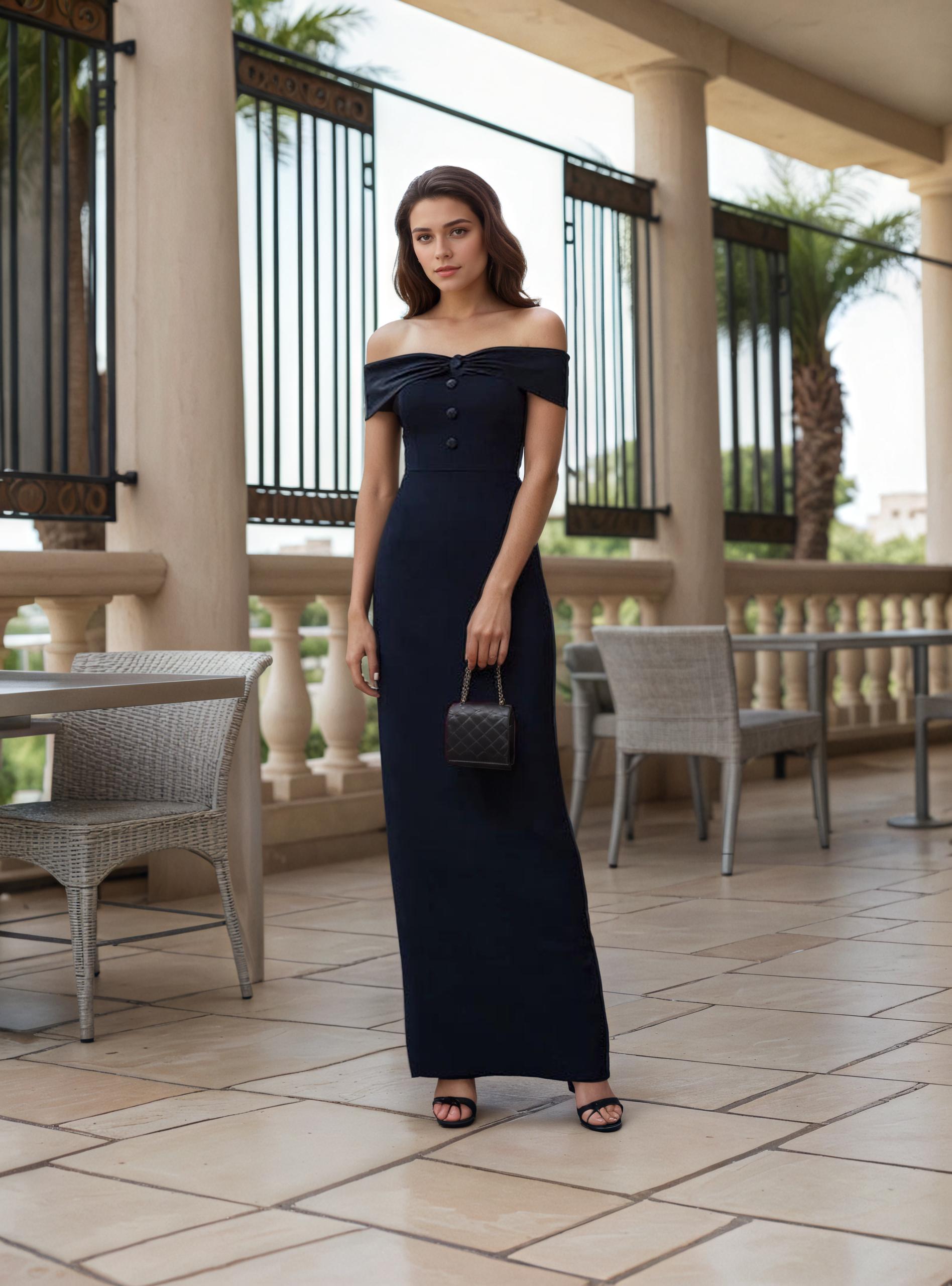 Roseline Black Off-Shoulder Buttoned Column Midi Dress