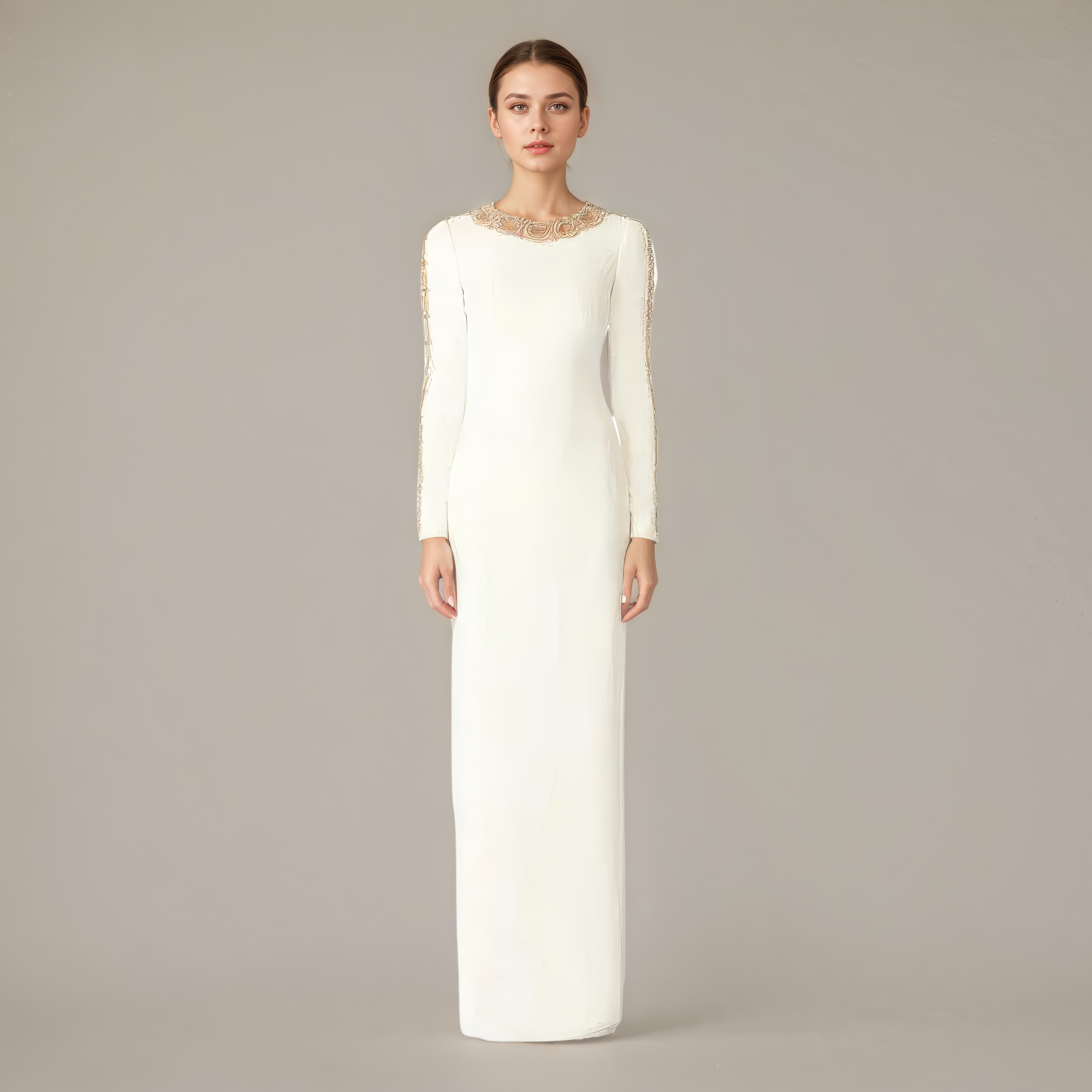 Ivory Beaded-Trim Long-Sleeve Column Gown