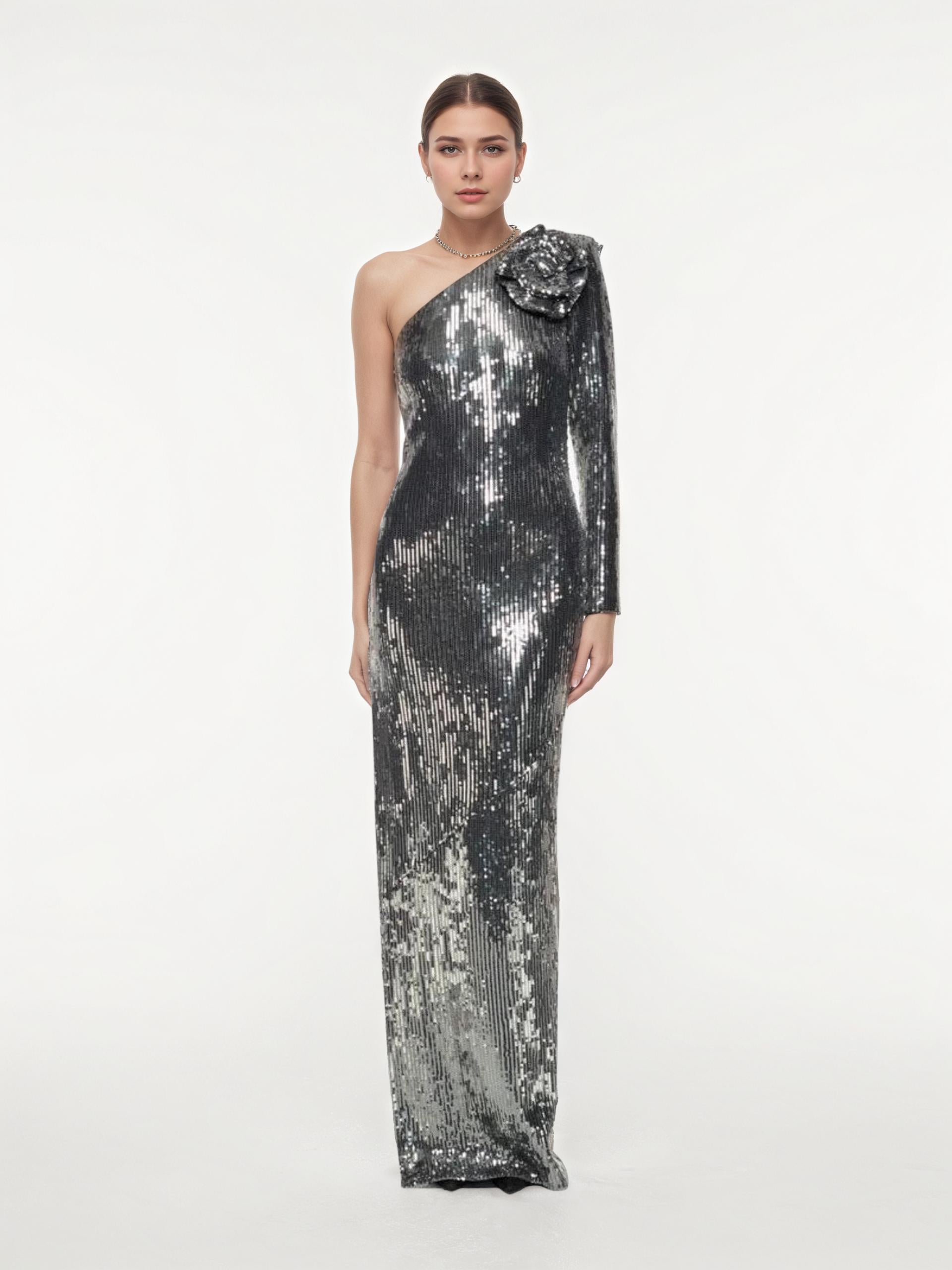 Zélie Silver Sequin One-Shoulder Rosette Column Gown