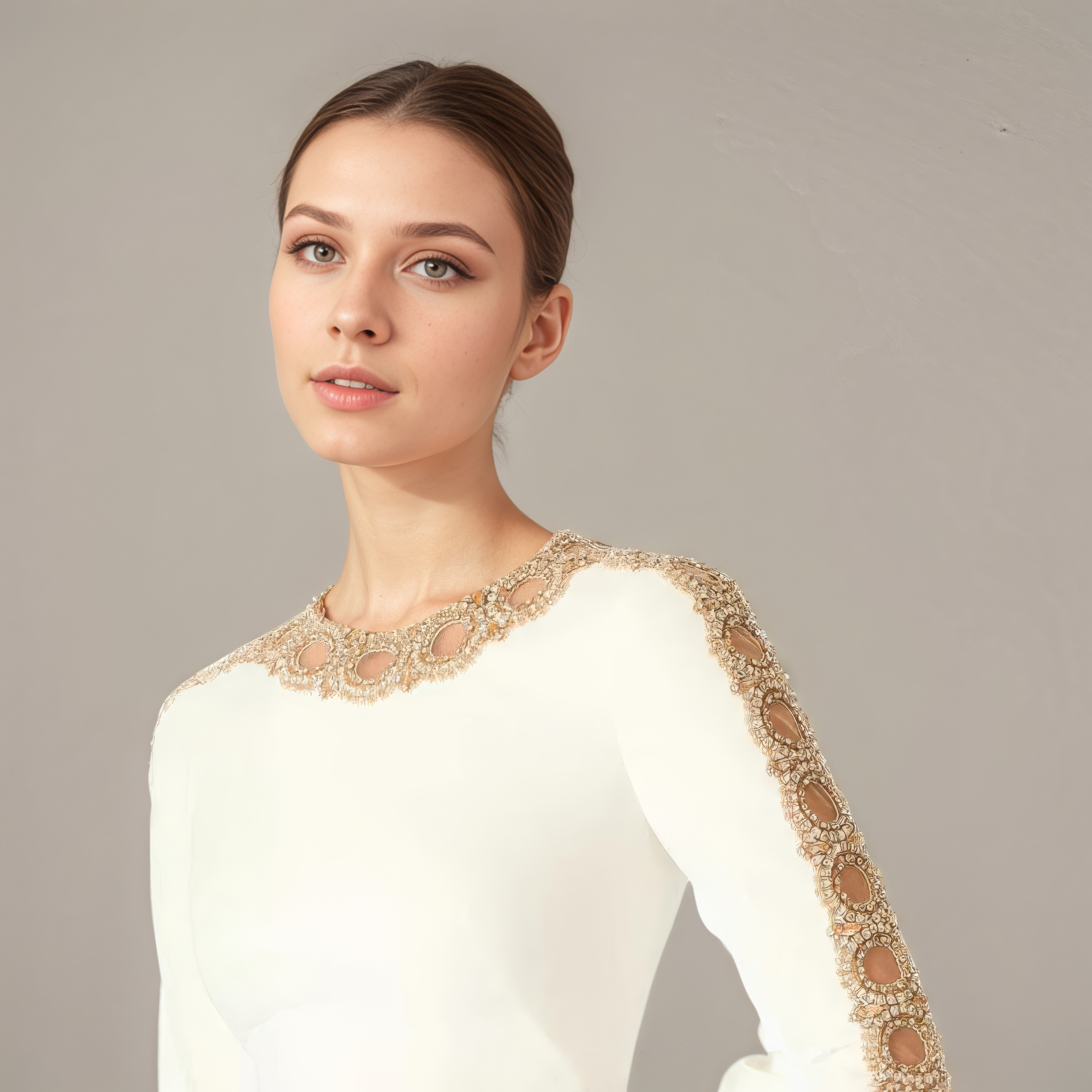 Ivory Beaded-Trim Long-Sleeve Column Gown