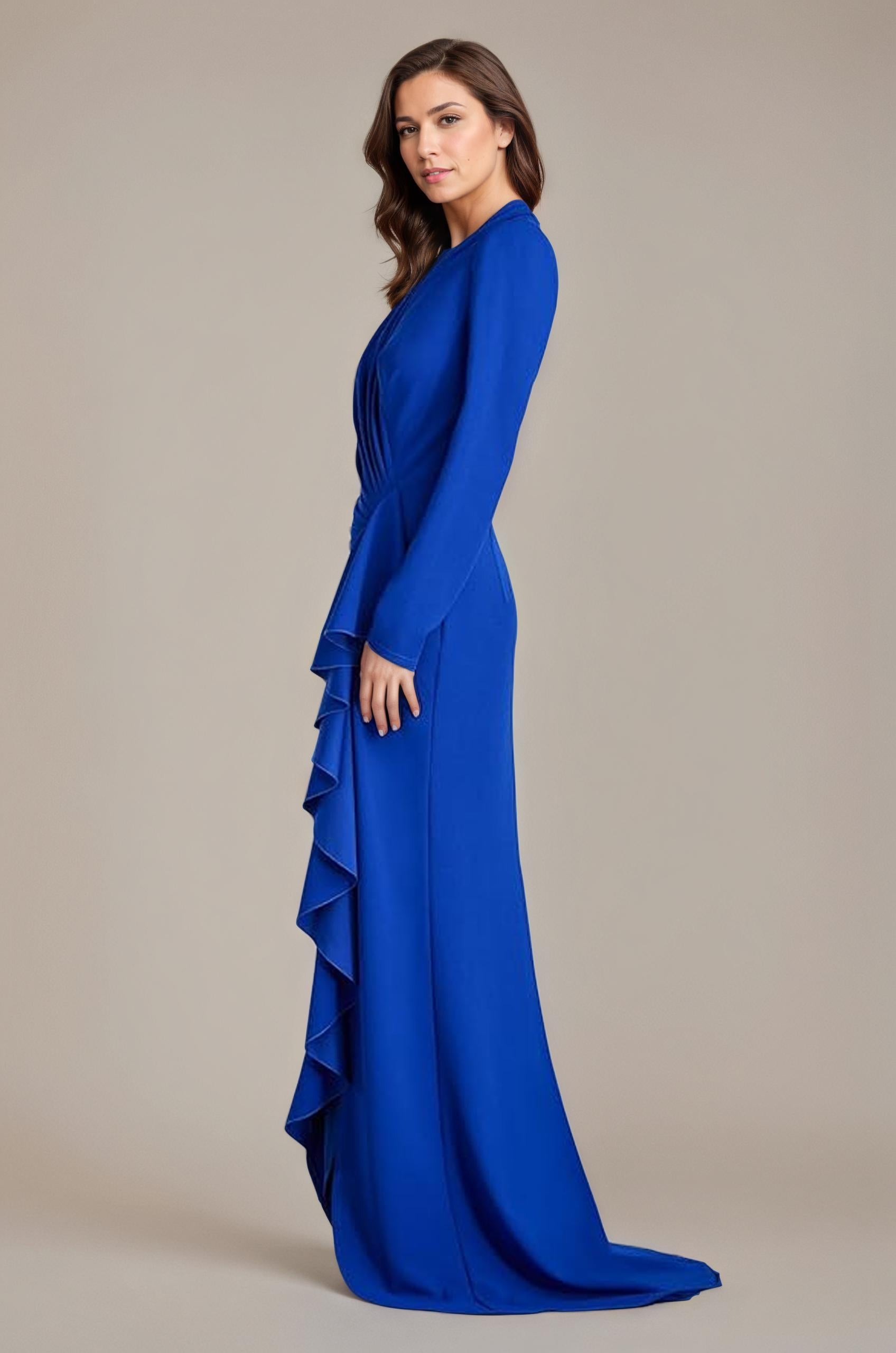 Cobalt Draped Ruffle Long-Sleeve Evening Gown