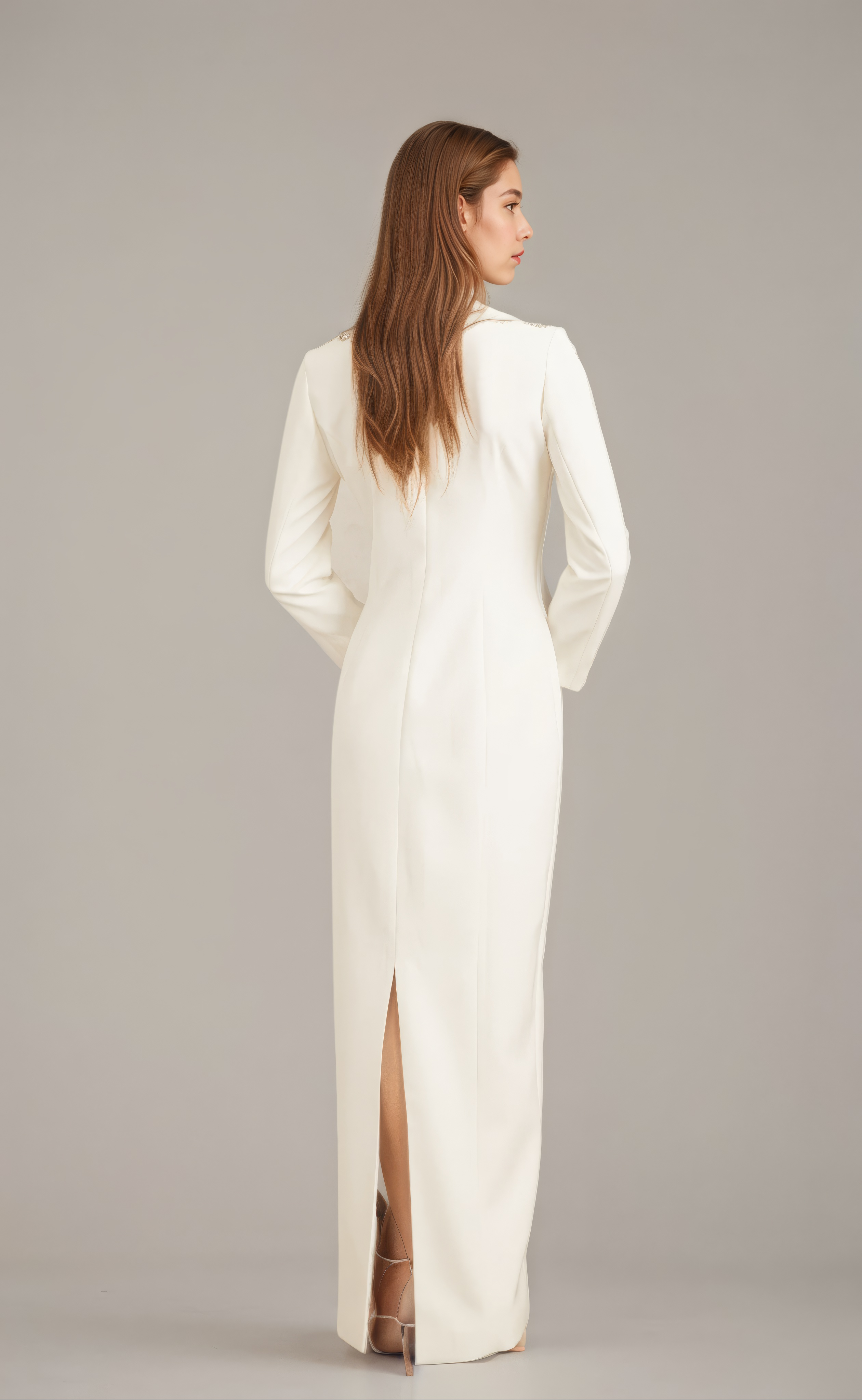 Ivory Beaded-Trim Long-Sleeve Column Gown