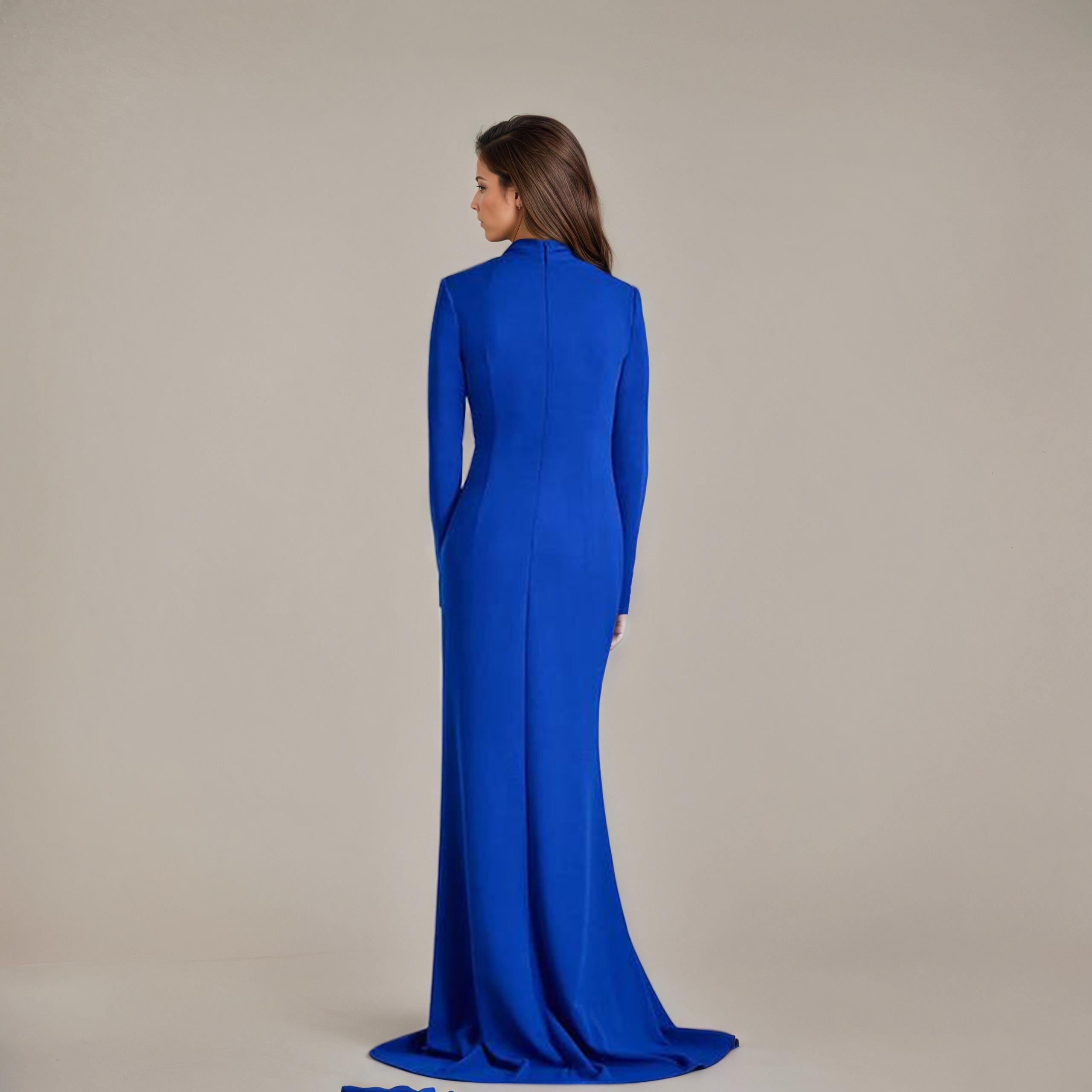 Cobalt Draped Ruffle Long-Sleeve Evening Gown