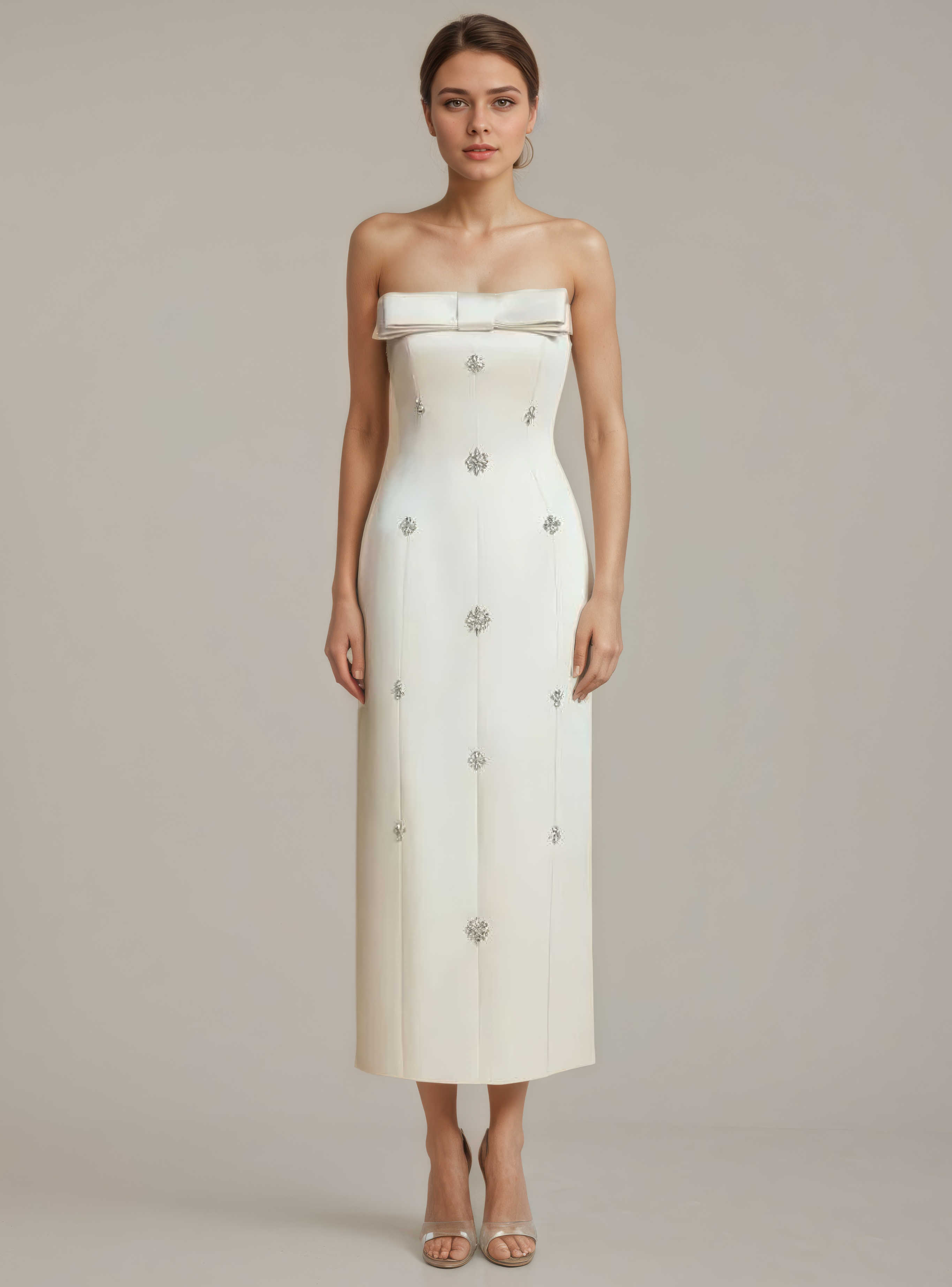 Ivory Poise Bow Crystal Column Gown