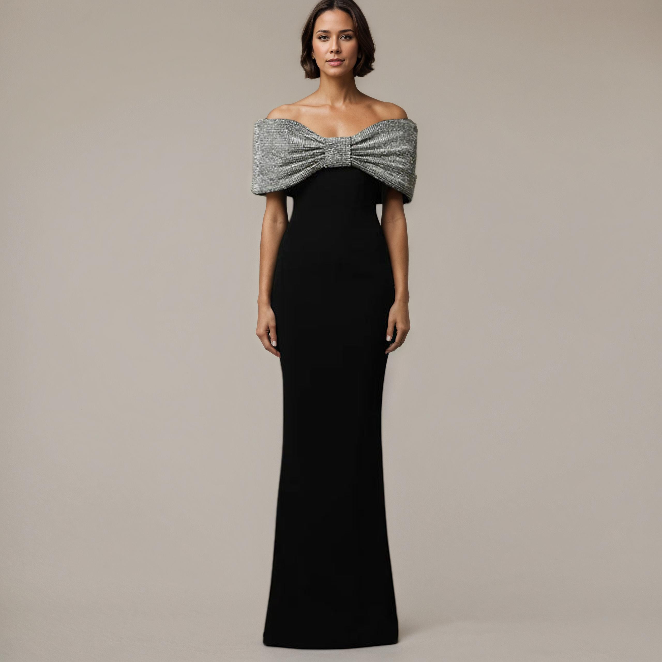 Black Off-Shoulder Column Gown with Crystal Bow