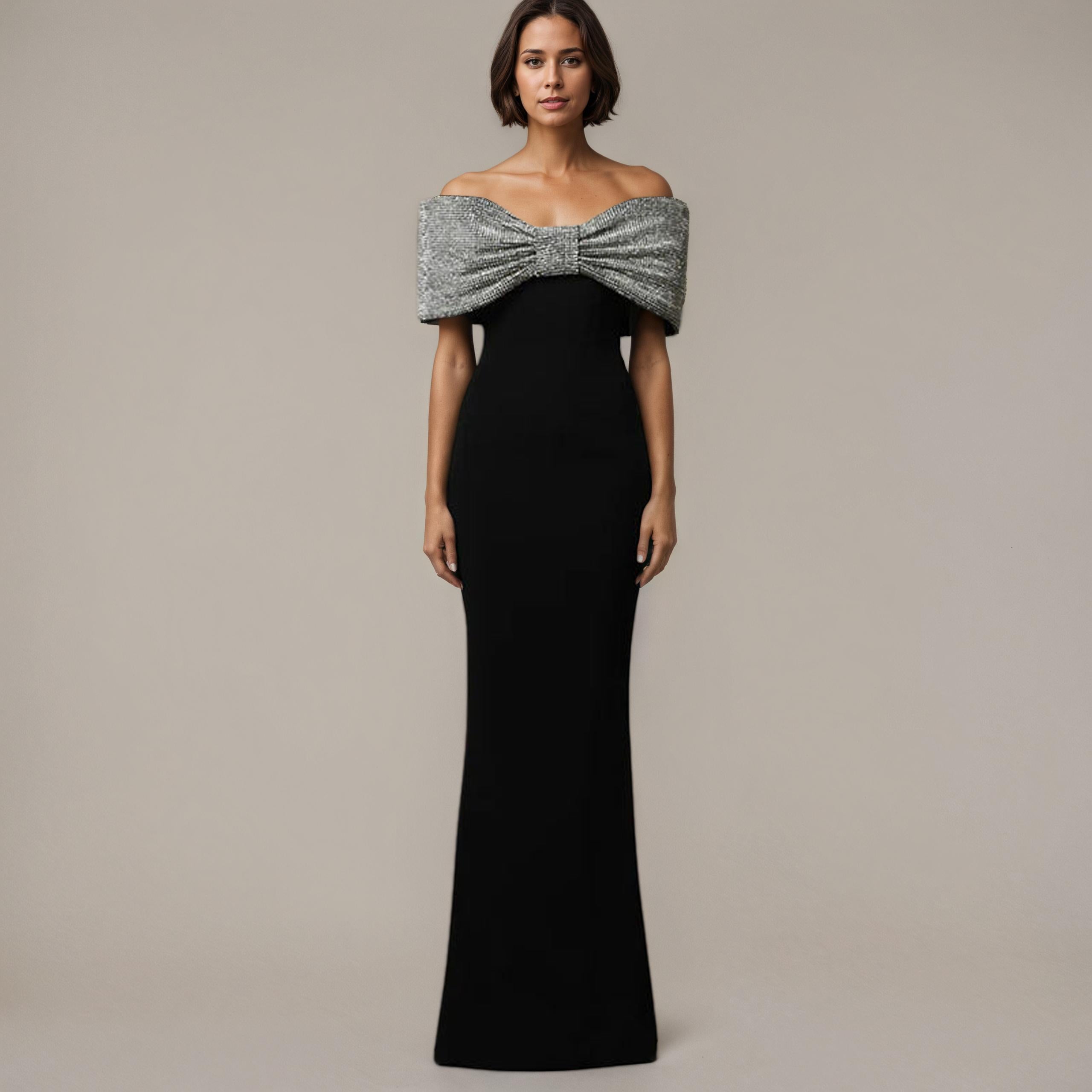 Black Off-Shoulder Column Gown with Crystal Bow