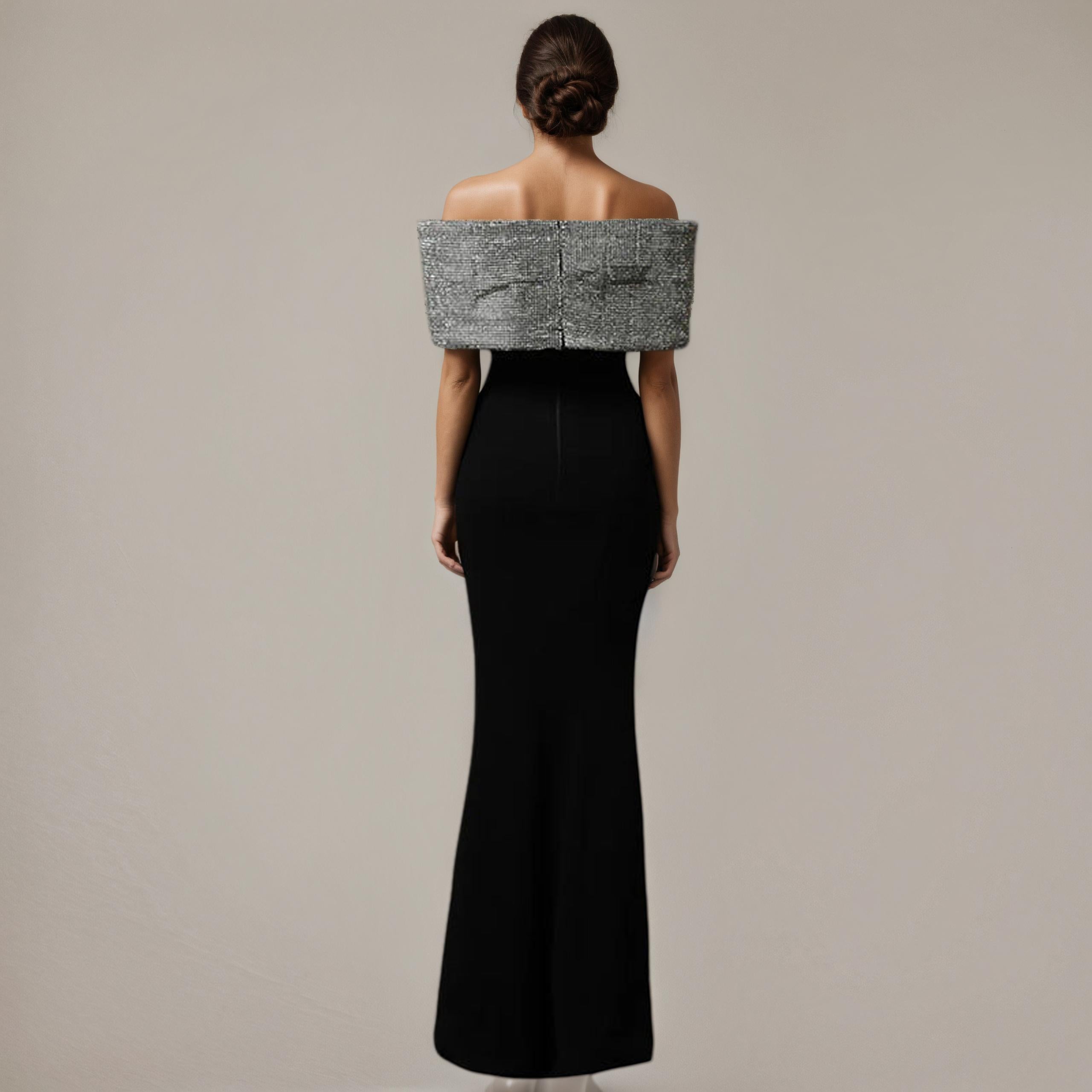 Black Off-Shoulder Column Gown with Crystal Bow