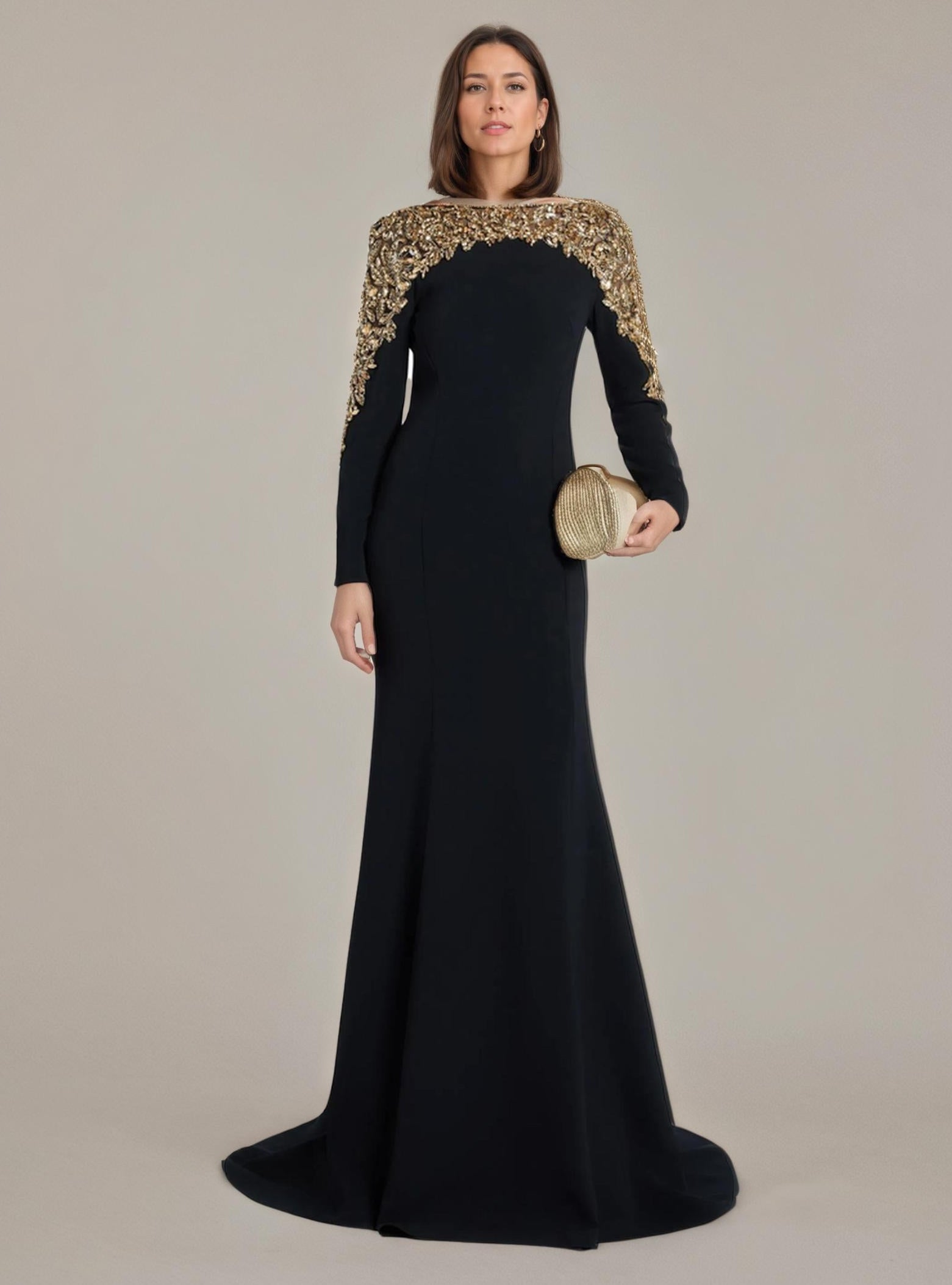 Black Gown with Gold Beaded Shoulders