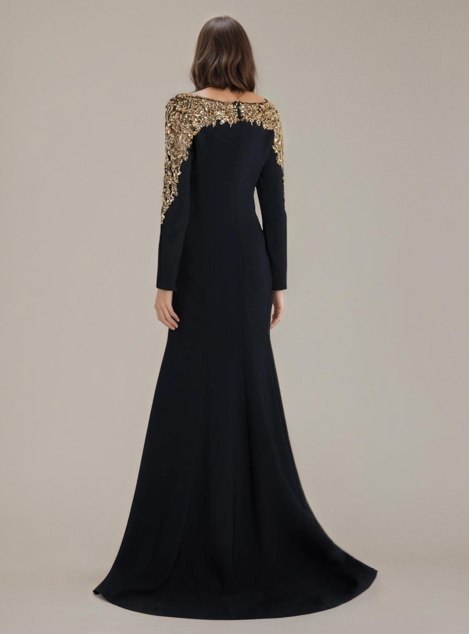 Black Gown with Gold Beaded Shoulders