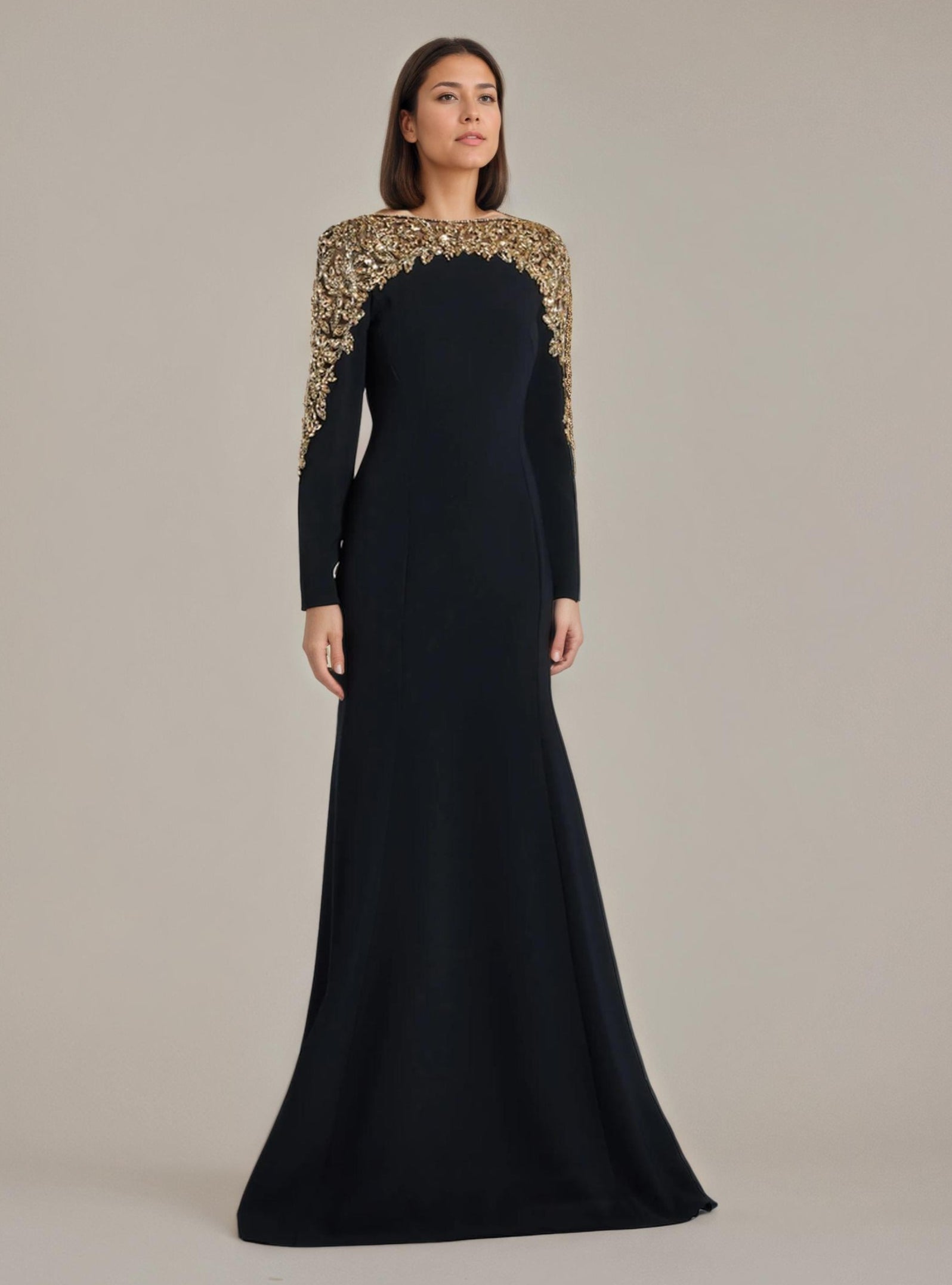 Black Gown with Gold Beaded Shoulders