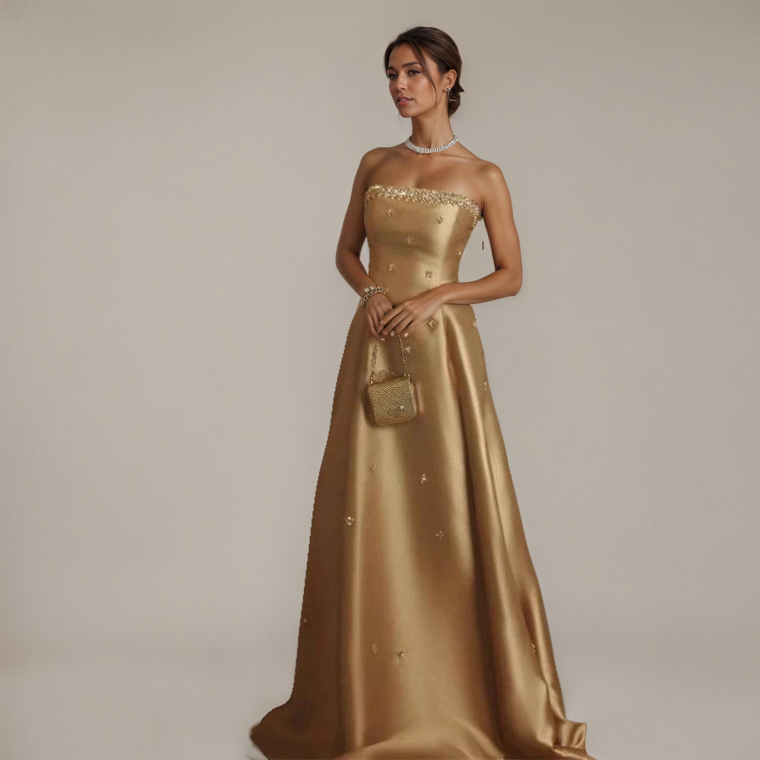 Gold Strapless Embellished Satin Gown