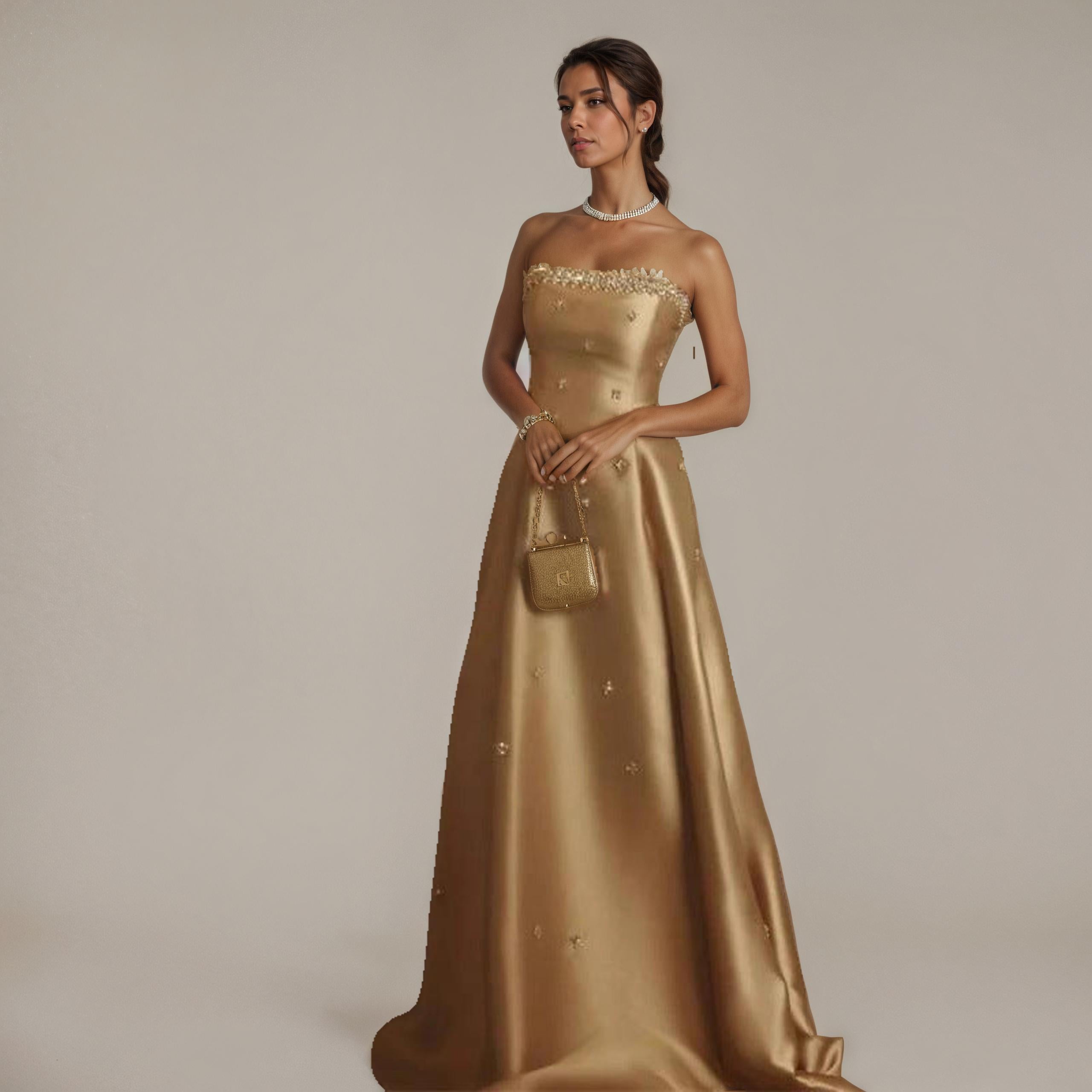 Gold Strapless Embellished Satin Gown