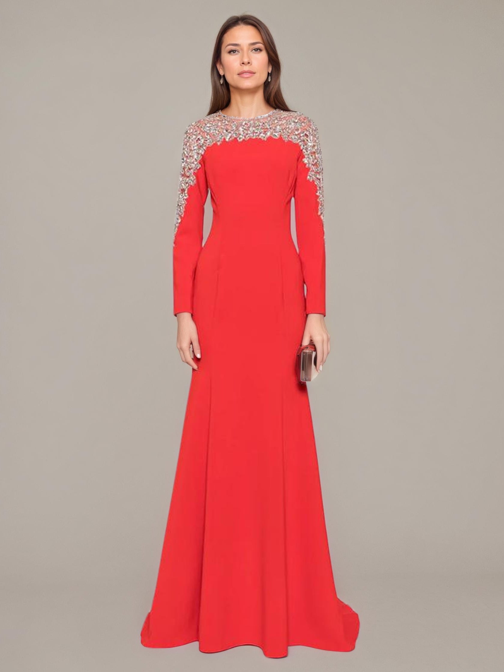 Red Gown with Gold Beaded Shoulders