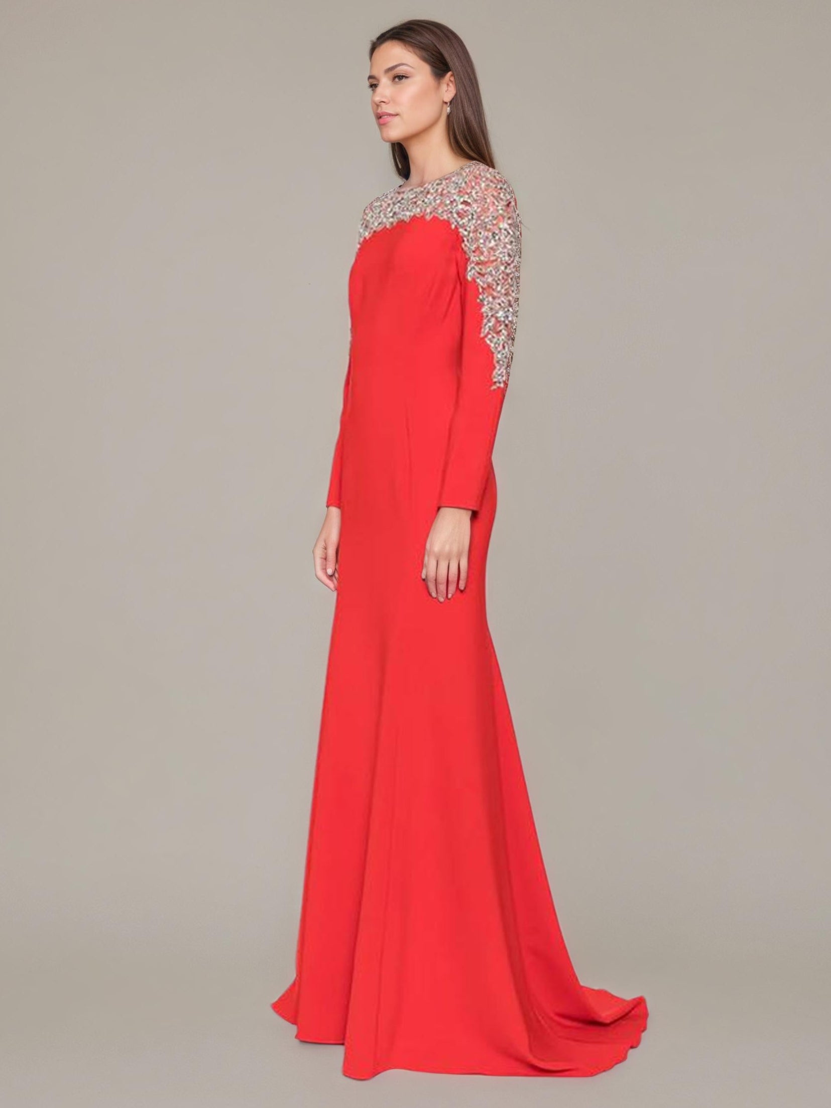 Red Gown with Gold Beaded Shoulders