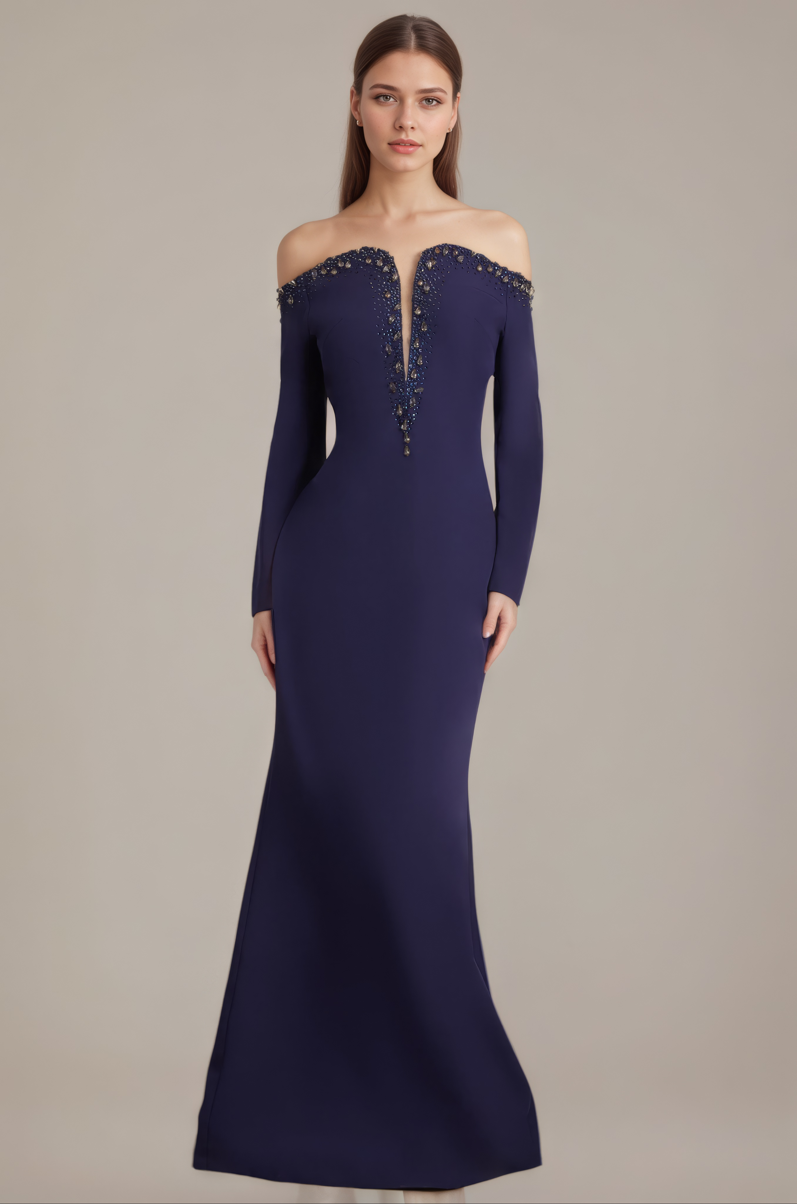 Navy Off-Shoulder Beaded Plunge Evening Gown