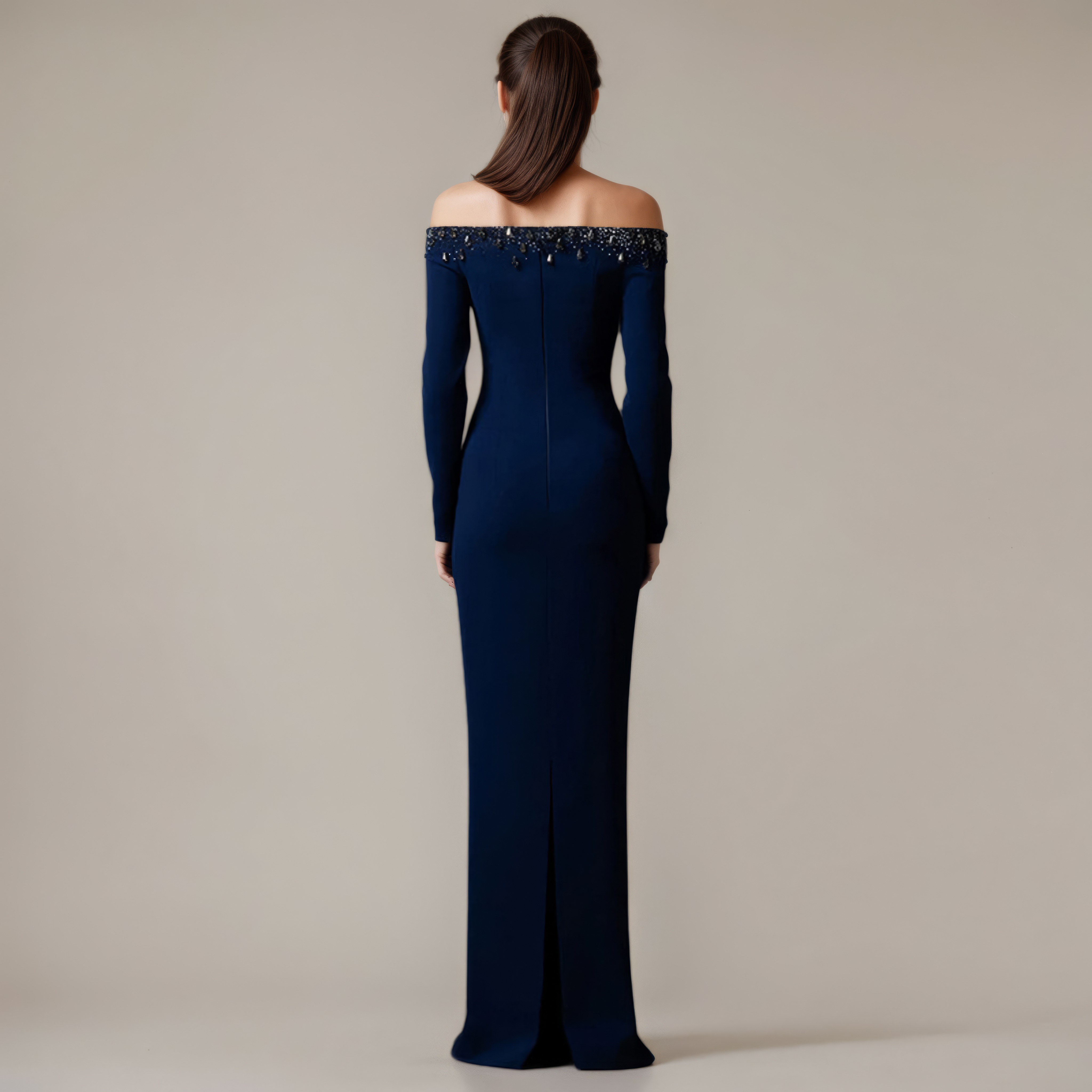 Navy Off-Shoulder Beaded Plunge Evening Gown